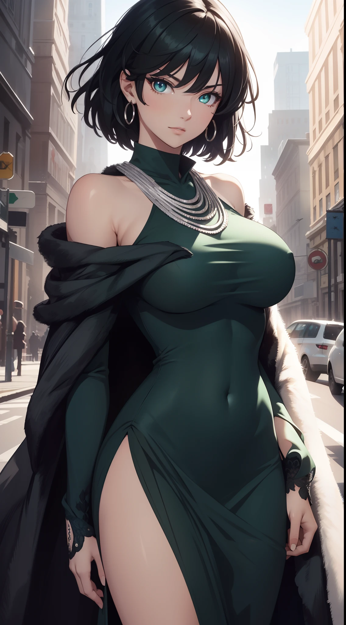 fubuki, fubuki, Black hair, (Green eyes:1.2), （Off-the-shoulder attire:1.5)Short hair,Large breasts，（cleavage:1.2)，
BREAK black dress, dress, Fur coat, High collar, jewelry, necklace, cropped shoulders, tight fit clothes, tightly dress,,
BREAK outdoors, City,
BREAK looking at viewer, Break (Masterpiece:1.2), Best quality, high resolution, Unity 8k wallpaper, (illustration:0.8), (Beautiful detailed eyes:1.6), Extremely detailed face, Perfect lighting, Extremely detailed CG, (Perfect hands, Perfect anatomy),
