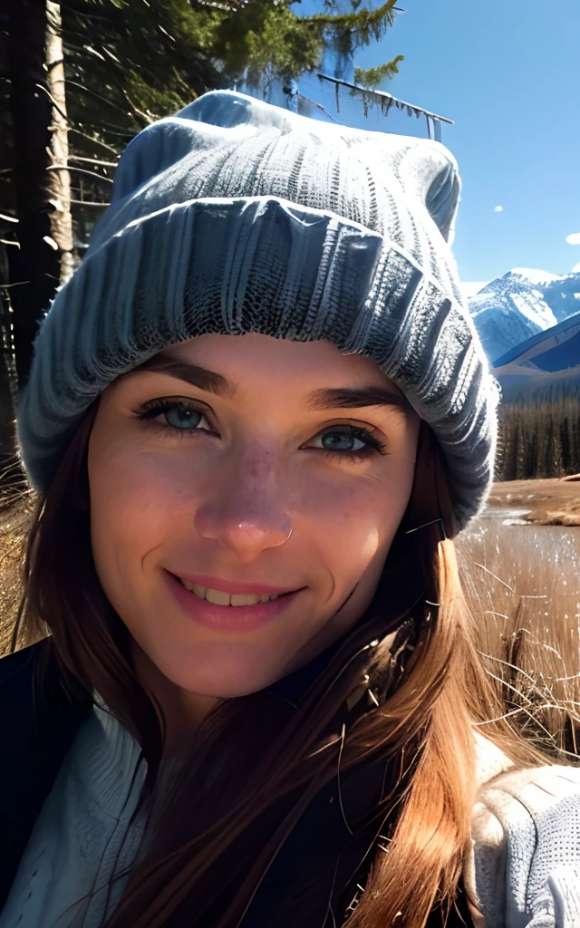 1 woman ((upper body selfie, happy)), belle brune, blue eyes, masterpiece, best quality, ultra-detailed, solo, outdoors, (night), mountains, nature, (stars, moon) cheerful, happy, backpack, sleeping bag, camping stove, water bottle, mountain boots, gloves, sweater, hat, flashlight, forest, rocks, river, wood, smoke, shadows, contrast, clear sky, analog style (look at viewer:1.2) (skin texture) (film grain:1.3), (warm hue, warm tone:1.2), close up, cinematic light, sidelighting, ultra high res, best shadow, RAW, upper body, wearing pullover