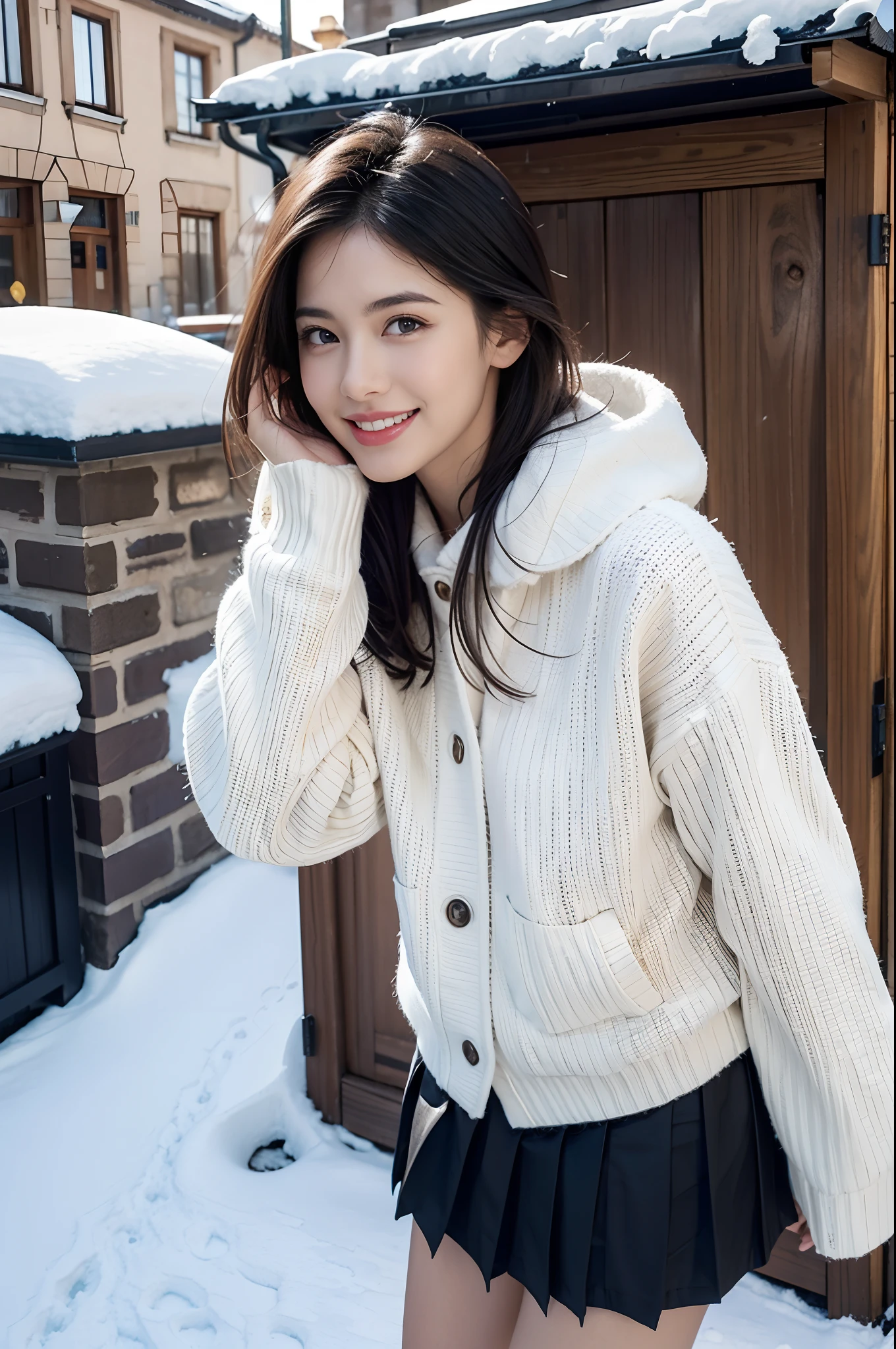 1girl,(shoulder length straight short black hair), blue eyes,happy smile,realistic,small breasts,photorealistic,slim,thin, cowboy shot, close-up,high collar sweater, puffy down jacket, short pleated skirt, bare legs, high heels, looking at viewer,standing, upper body, outdoors,snow, snow shelter, winter, european town, european style houses, (castle), noon, streets, sunshine,