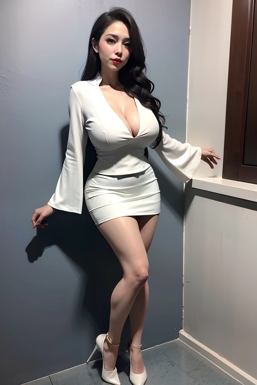 Stiletto heels,wavy and long hair,White shirt,blue skirts,Heavy makeup,Redlip,White skin,mature, The cleavage is deep,being thin,full bodyesbian,very Bigger breasts,Long legs,You can see the whole body,Flesh-colored pantyhose,In the bathroom