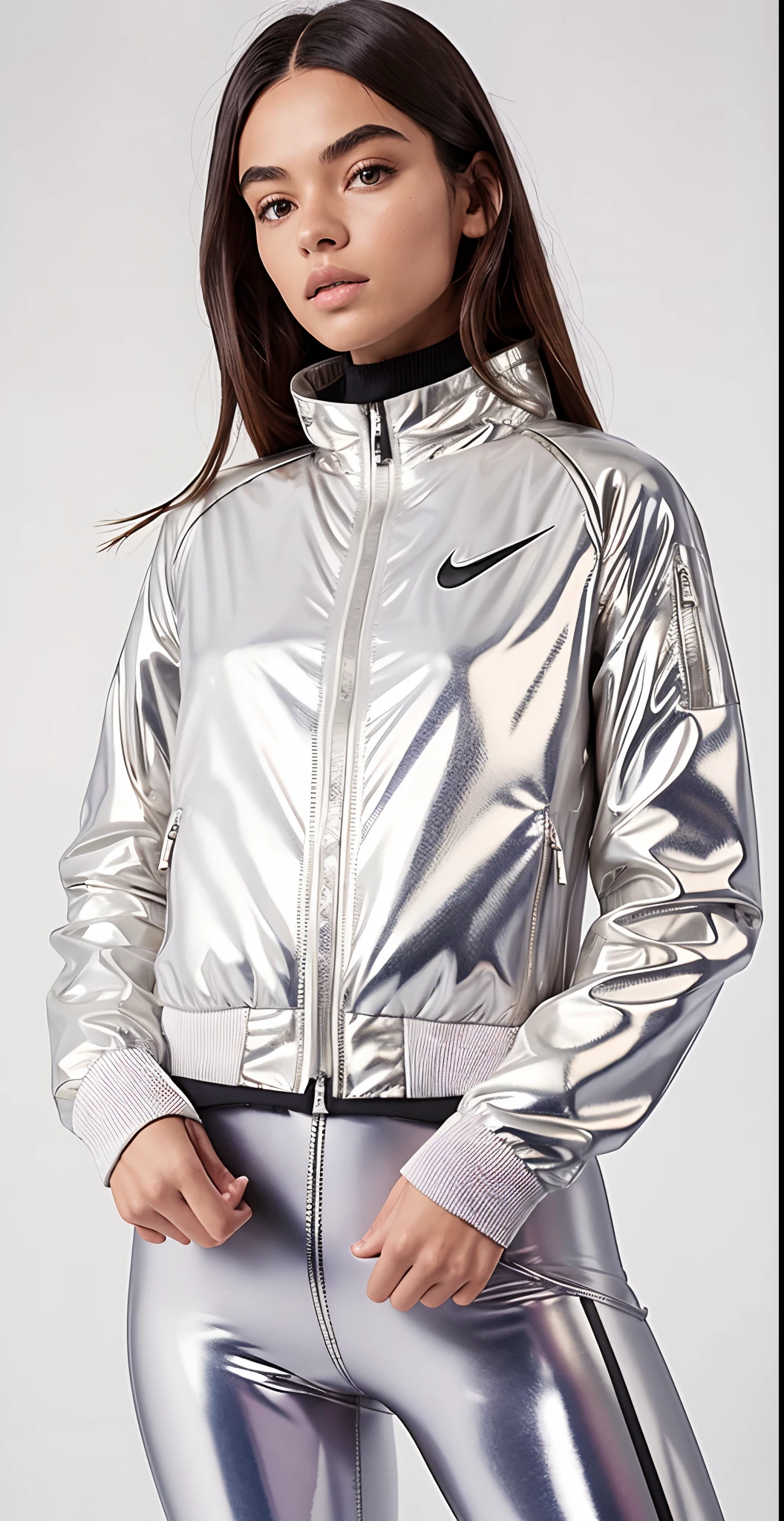 Uma mulher com uma jaqueta branca e leggings cinzas posa para uma foto, suit jacket, jaqueta esportiva, white jacket, jaqueta curta, translucent body, desgaste sutil - e - rasgo, corpo transparente, INSPO, Metal Refletivo, jaqueta sobre tronco nu, skin reflective metallic, Fato de ciclismo Nike, Reflective metal, encapuzado, roupas esportivas, jaqueta bomber, roupas esportivas, wearing jacket
