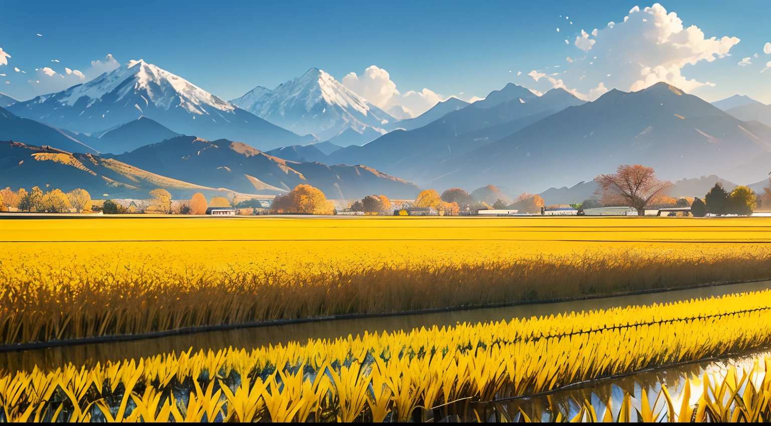Golden yellow，Rice fields in autumn，There are mountains，In the countryside
