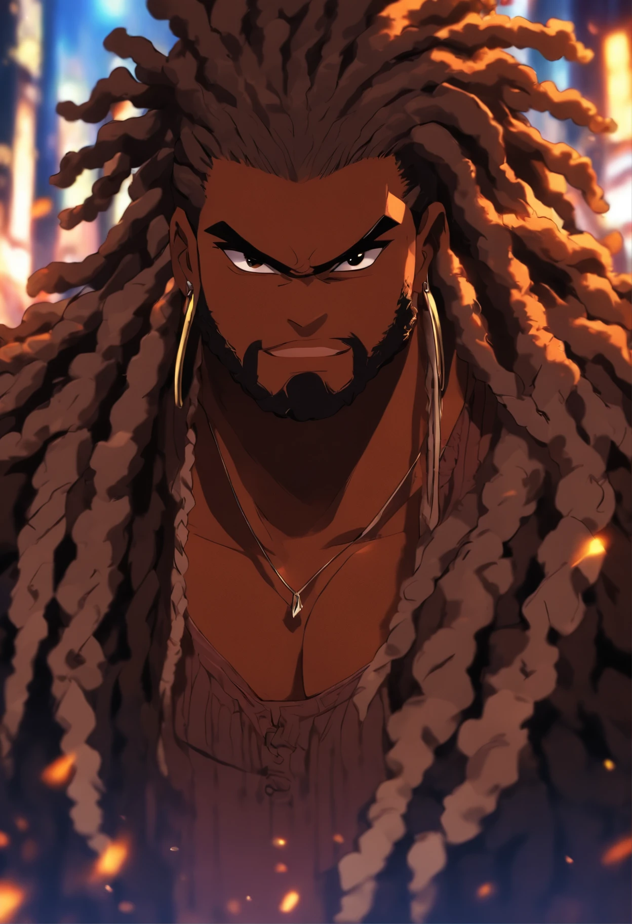 chubby black man, black man, standing in city, long dread locs, brown eyes, friendly smile, wearing black, fluffy beard, brown shining eyes, very dark black skin,