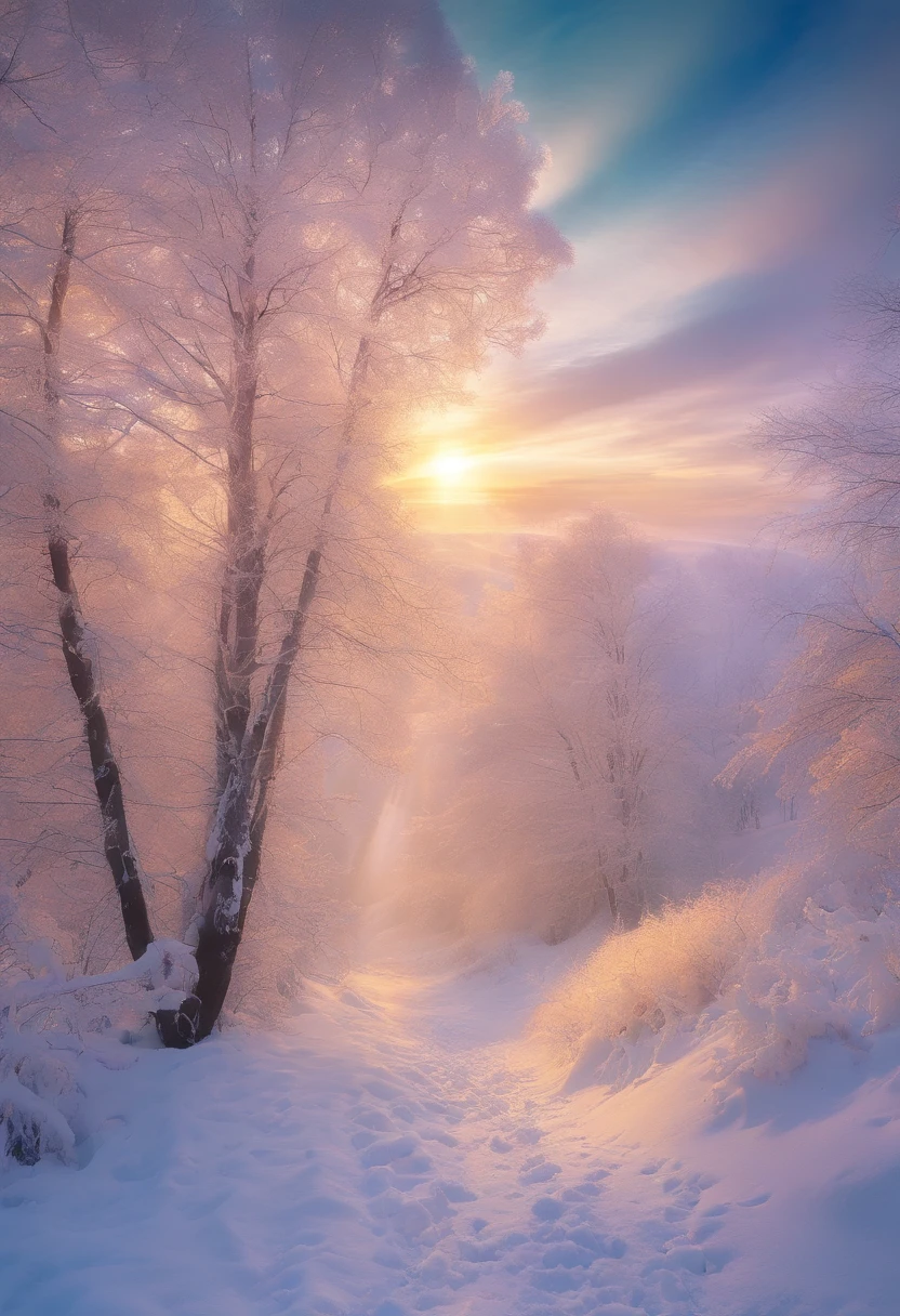 at winter season，Oyuki，snow landscape，Rime，closeup cleavage，rays of sunshine，thin fog，Dingdall effect，super-fine，tmasterpiece，8K，depth of fields，ultra - detailed，Meticulous portrayal，Ultra photo realsisim，Hyper-realistic