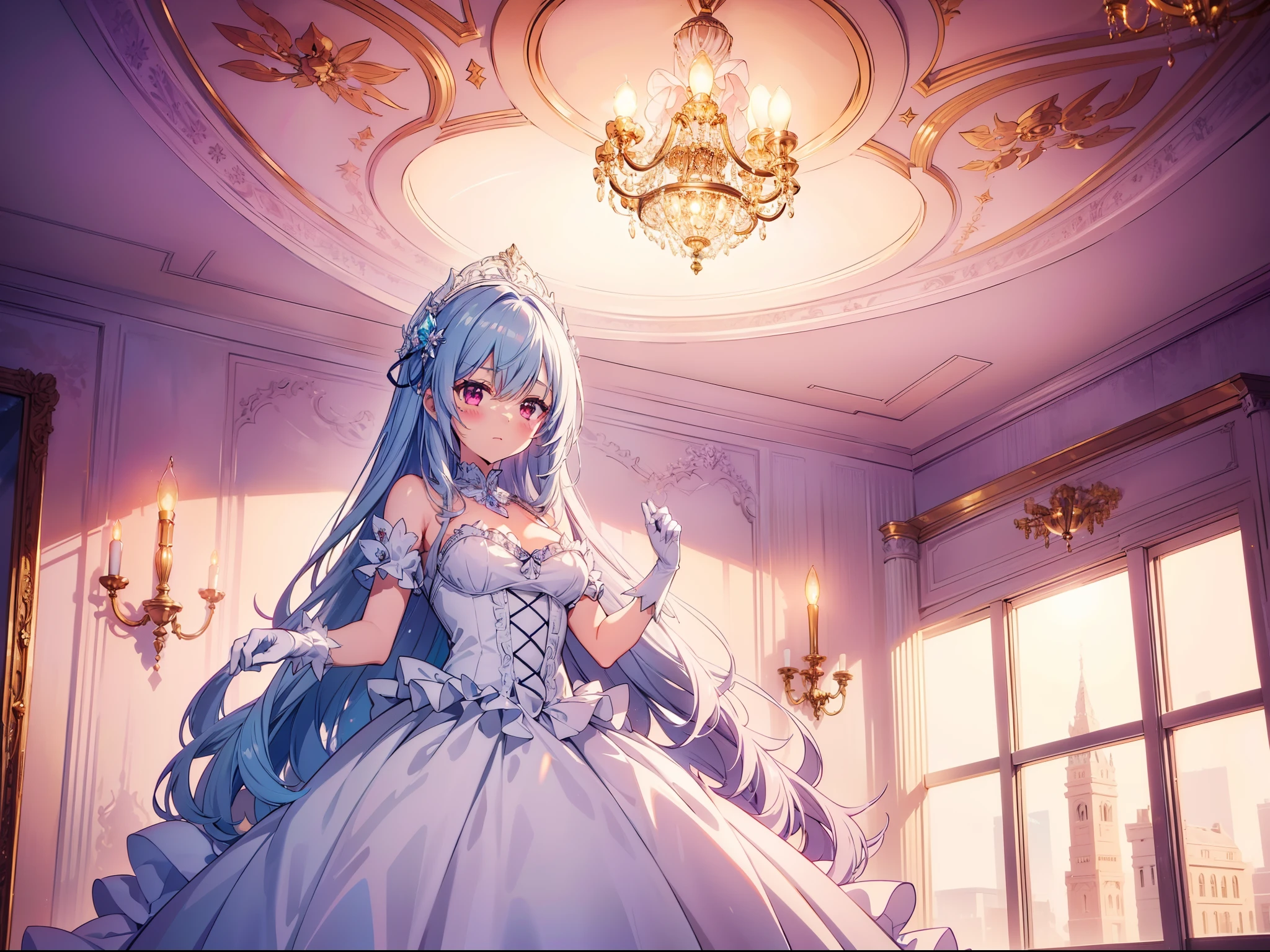 1 cute girl , character focus, (ceiling), cinematic lighting,(((Glint))), ruffle dress, dress glove, (large luxurious chandelier) ,((masterpiece)), ((best quality)), ((ultra-detailed)), (illustration), ((an extremely delicate and beautiful))