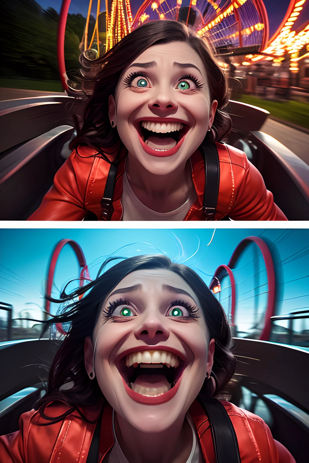 there are two women riding a roller coaster at a fair, rollercoaster, roller coasters, roller coaster, screaming with fear, extremely scary, cursed images, insane smile, excited, she is smiling and excited, laughter and screaming face, scared face, horrifying fear, excited facial expression, cursed image, insane crazy laugh, very excited, mouth open in a terrifying roar, very terrifying