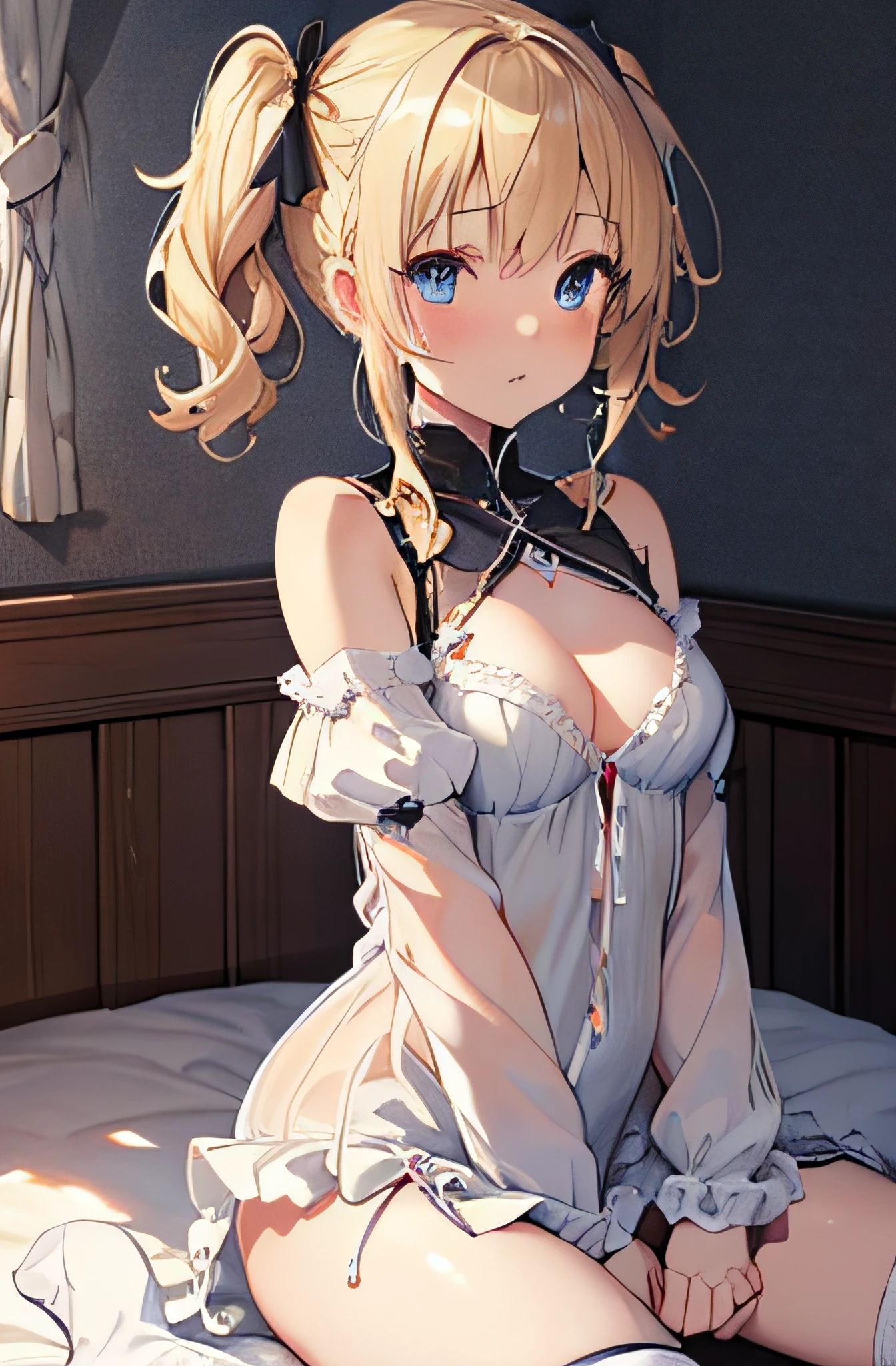 extremely detailed CG unity 8k wallpaper of a girl, blonde hair and blue eyes, short hair, twin tail, (Small breasts), medieval times, adventurer, heroic fantasy, all fours, woman on top, she is sit voluptuously, (sheer negligee), bed room, (wet clothes)