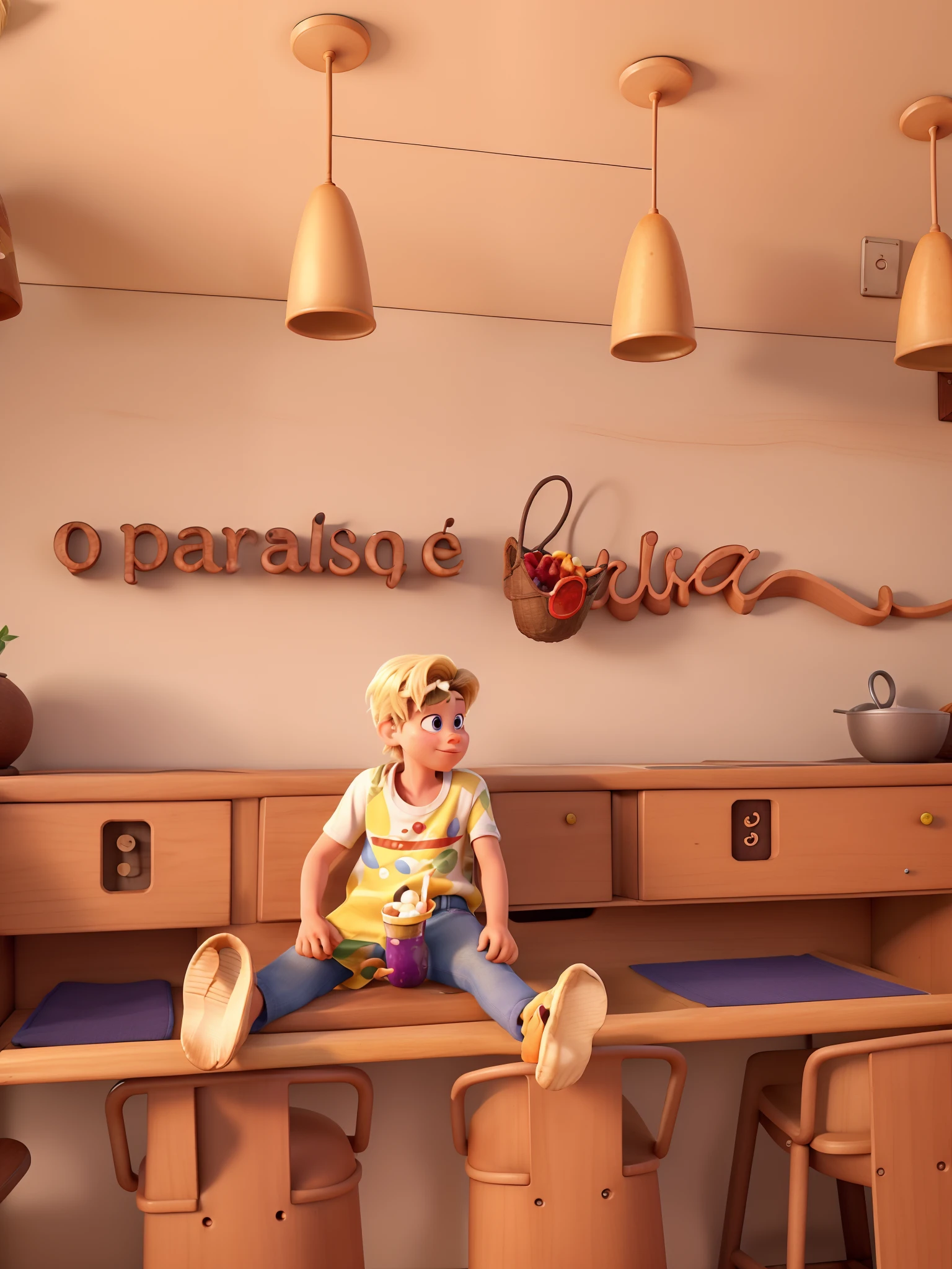 Disney Pixar poster with a child eating an acai cup as in the image above, imagem da mais alta qualidade. Putting the child with blond hair