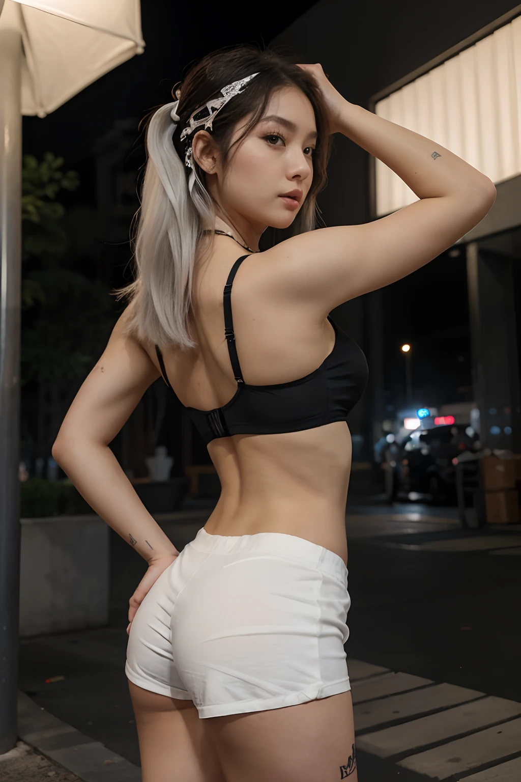 araffe in a black bra top and white shorts in a night city, korean girl, gorgeous young korean woman, back pose, in shorts, cottagecore!! fitness body, toned derriere, thicc, side pose, beautiful south korean woman, booty shorts, 2 4 year old female model, sexy girl wearing shorts, korean woman, lit from behind, heavy makeup, hair ties, slightly open mouth, big eyes, glossy, very pretty face, slender waist, sex pack, light white hair, tattoo girl