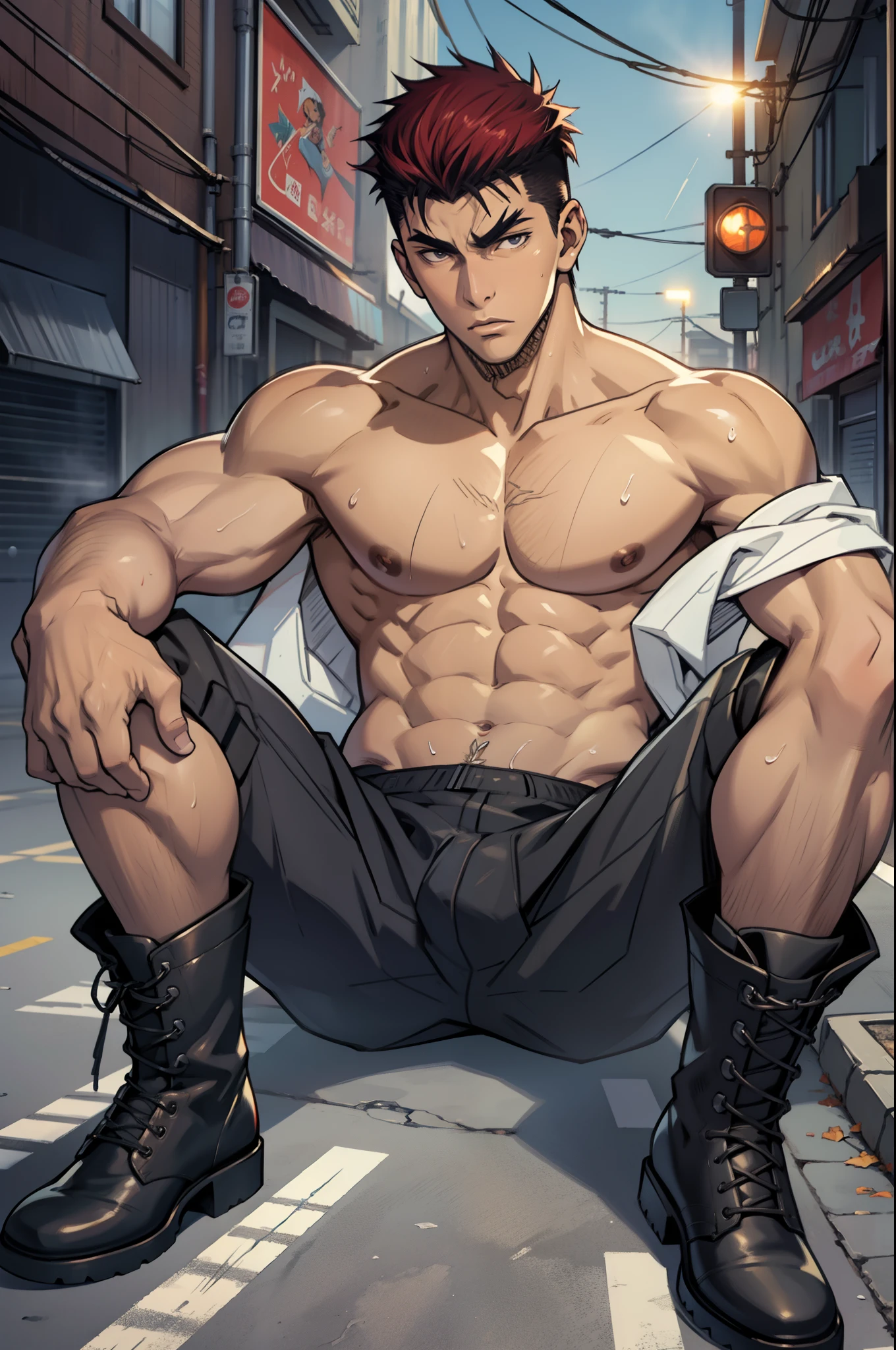 Highest image quality,male people,1 boy,Young and handsome,shoun,Short flat top hair,Dark skin,anime,anime wallpaper,Solo,malefocus,Briefs,Dilation of the pectoral muscles,Bulging crotch,Urban background,spread their legs,Sexy,(Masterpiece, Best quality),Long white socks,Boots,CG sense,Dark atmosphere,8K,Cinematic lighting effects