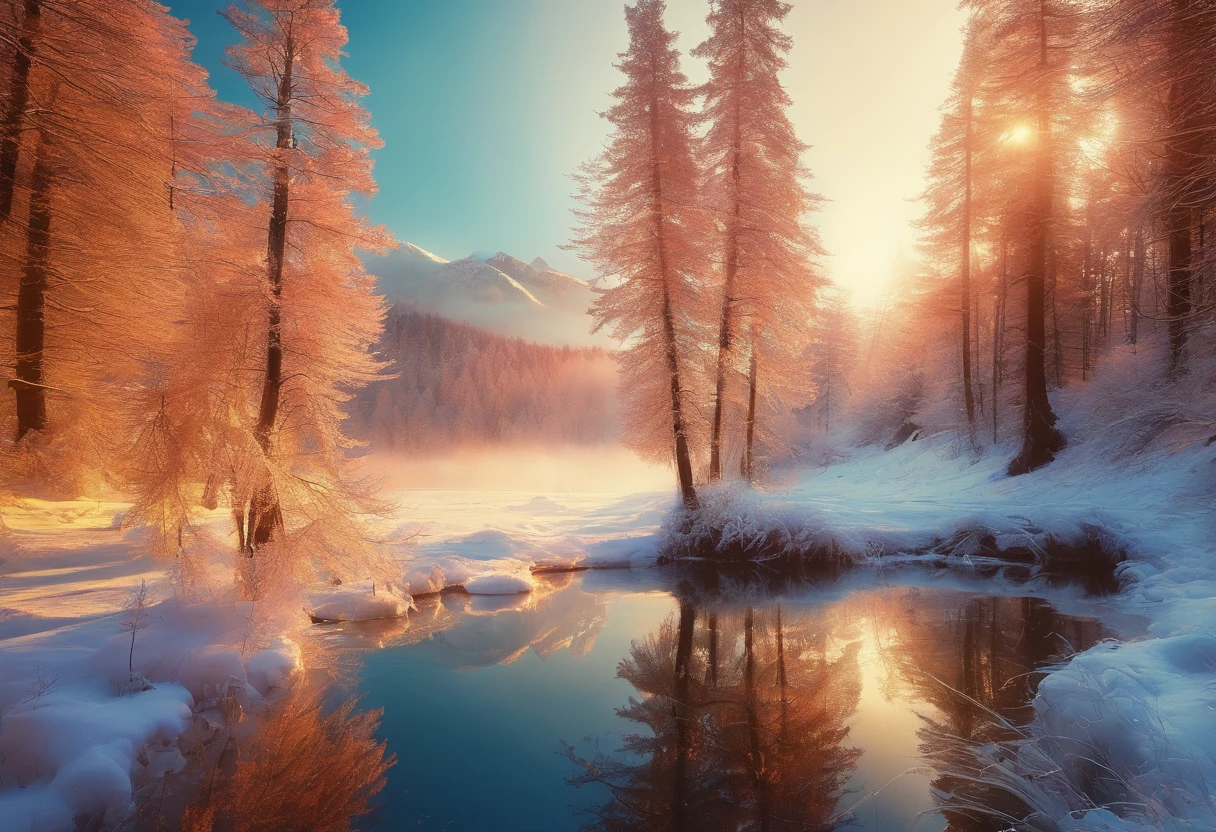 at winter season,Oyuki,snow landscape,Rime,rays of sunshine,thin fog,Dingdall effect,super-fine,tmasterpiece,8K,depth of fields,ultra - detailed,Meticulous portrayal,Ultra photo realsisim,Hyper-realistic