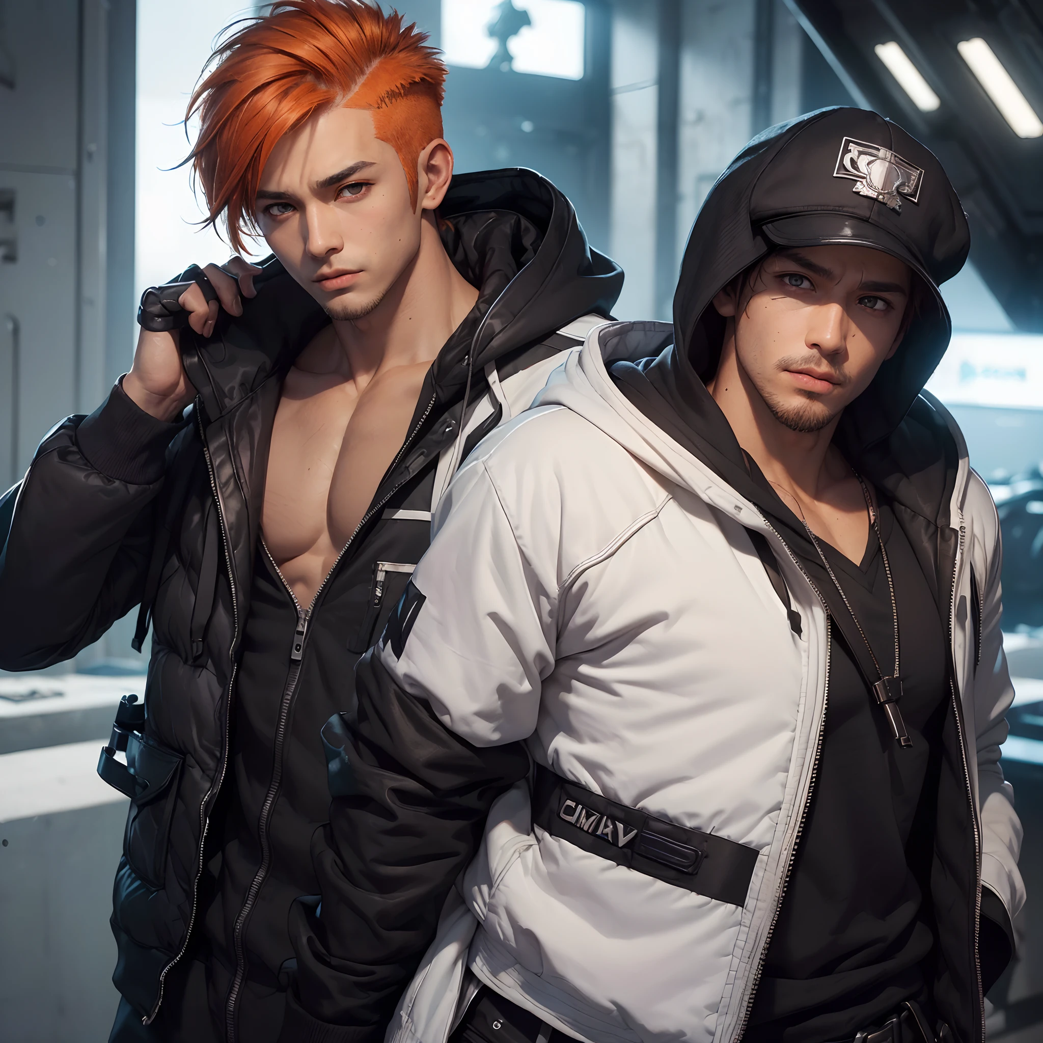 (Highest Quality,Photorealsitic, masutepiece, 4K, Finely detailed, Detailed eyes, Detailed face, Gerbourg, pixiv)), ((Solo)), 1 male, (Handsome, masculine, Adult male, broad shoulders,Tanned skin color), ((Stubble on the chin,Very short mohawk hairstyle,Orange hair,)), (smil, Looking at Viewer), ((lazy eyes, tired eyes, Half Cap, Eye bags under the eyes, black eyes with white pupils,,,)), ((Black hooded vest)),((cyberpunked,Handsome Boy)),With an assault rifle,
Realistic face, Cavelolongopleto,Super Detalhad,Super sharp,Ray traching,High resolution, view the viewer, (Detailed face),