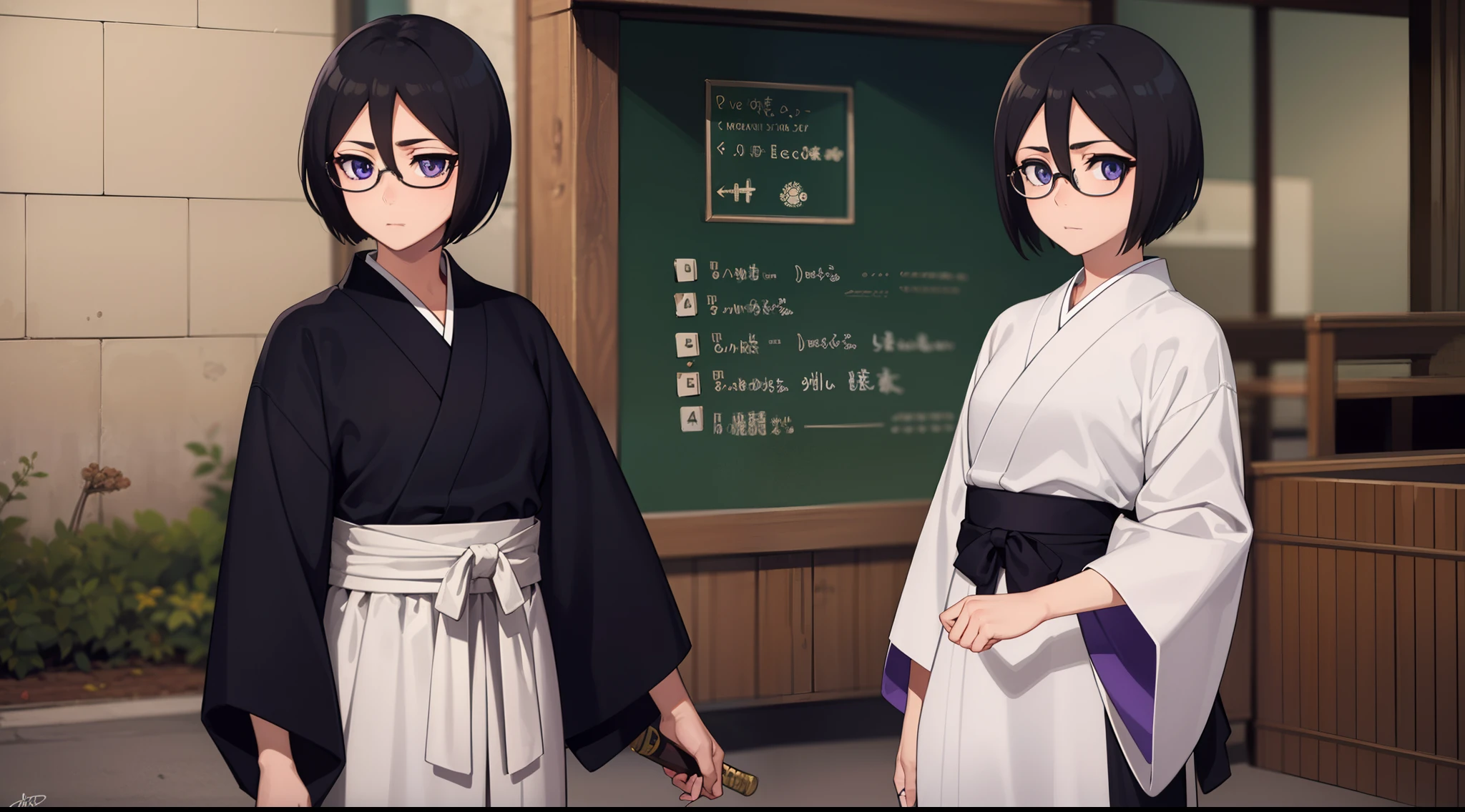 rukiakuchiki, rukia kuchiki, shorthair rukia, short hair, black hair, hair between eyes, (purple eyes:1.1),
BREAK weapon, japanese clothes, sword, kimono, katana, sheath, hakama, black kimono, long sleeves, wide sleeves,
BREAK outdoors, city
BREAK looking at viewer, (cowboy shot:1.5),
BREAK (masterpiece:1.2), best quality, high resolution, unity 8k wallpaper, (illustration:0.8), (beautiful detailed eyes:1.6), extremely detailed face, perfect lighting, extremely detailed CG, (perfect hands, perfect anatomy), (adjusting eyewear:1.2)