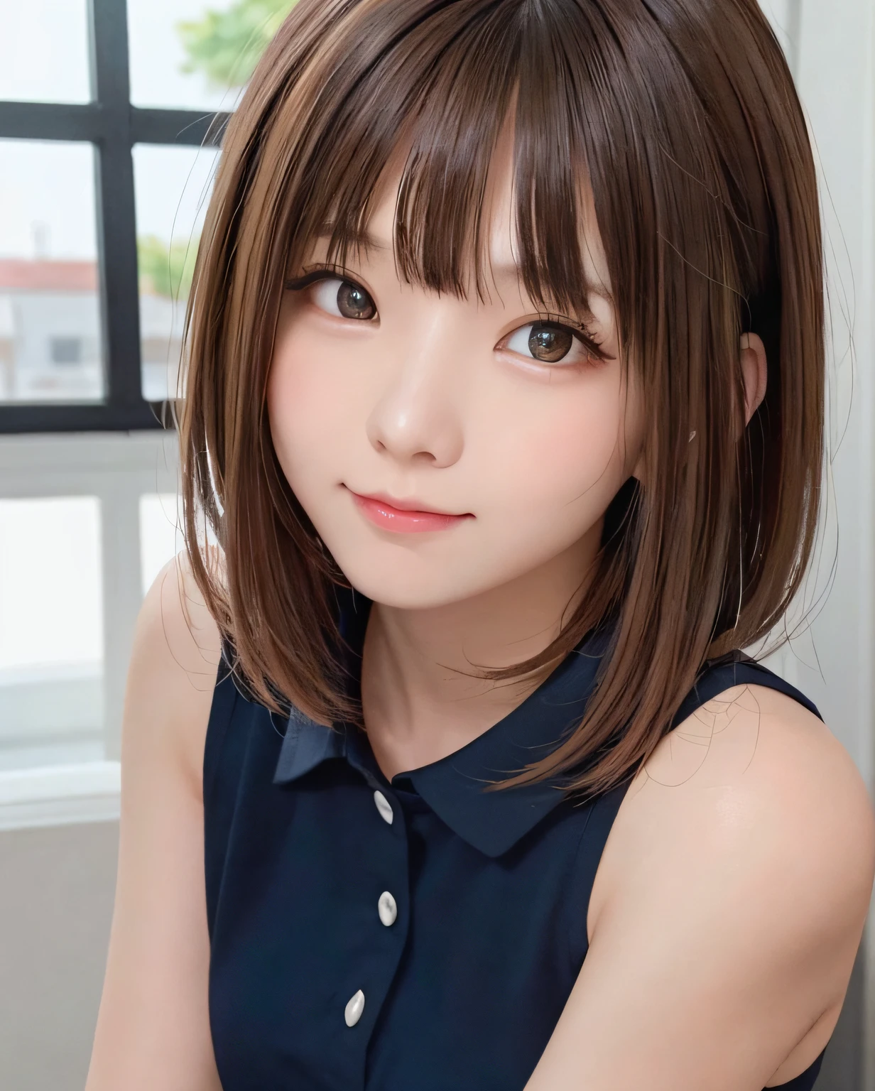Cute high school girl looking at the camera、Summer uniform, Best Quality, Photorealistic, 8K, hight resolution, fulcolor, 1girll, Woman, Female, , (Closed mouth:1.73), The background is the orange sea in the evening,Bring skin care products closer to the cheeks,With fair skin,semi transparent, view the viewer:1.8, (1girl eyes looking at viewer:1.55), (Medium Hair, brown haired, parted hair:1.45), (Bokeh),