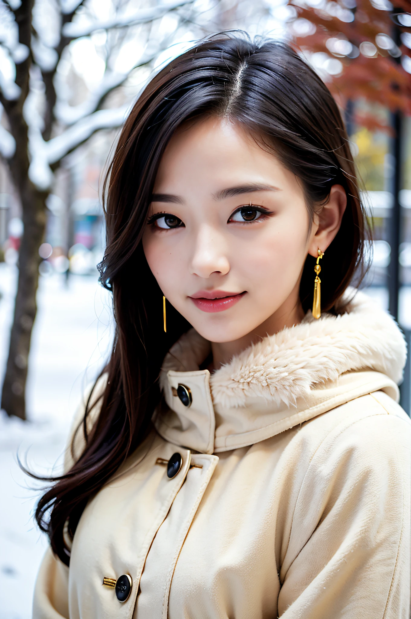 1 girl, Bare_tree,Black_Eyes,Black_hair, building, coat, Cross_earrings, earrings, furr, Fur trim med_coat, furr_Collar, furr_scarf, furr_trim, Jewelry, Lips,Shoulder length straight short hair, up looking_で_viewer, Outdoors, Snow, Snow, Solo, tree, The upper part of the body_Body, Winters, Winters_Clothes, Detailed_Eyes,Small breasts, Bring your arms closer together, From the chest to the camera, Big, Ears out, Golden Ratio Face, Golden ratio body, Best Quality, Ultra high definition,highlight in eyes, Mouth closed, Happy smile,Beautiful bob hair