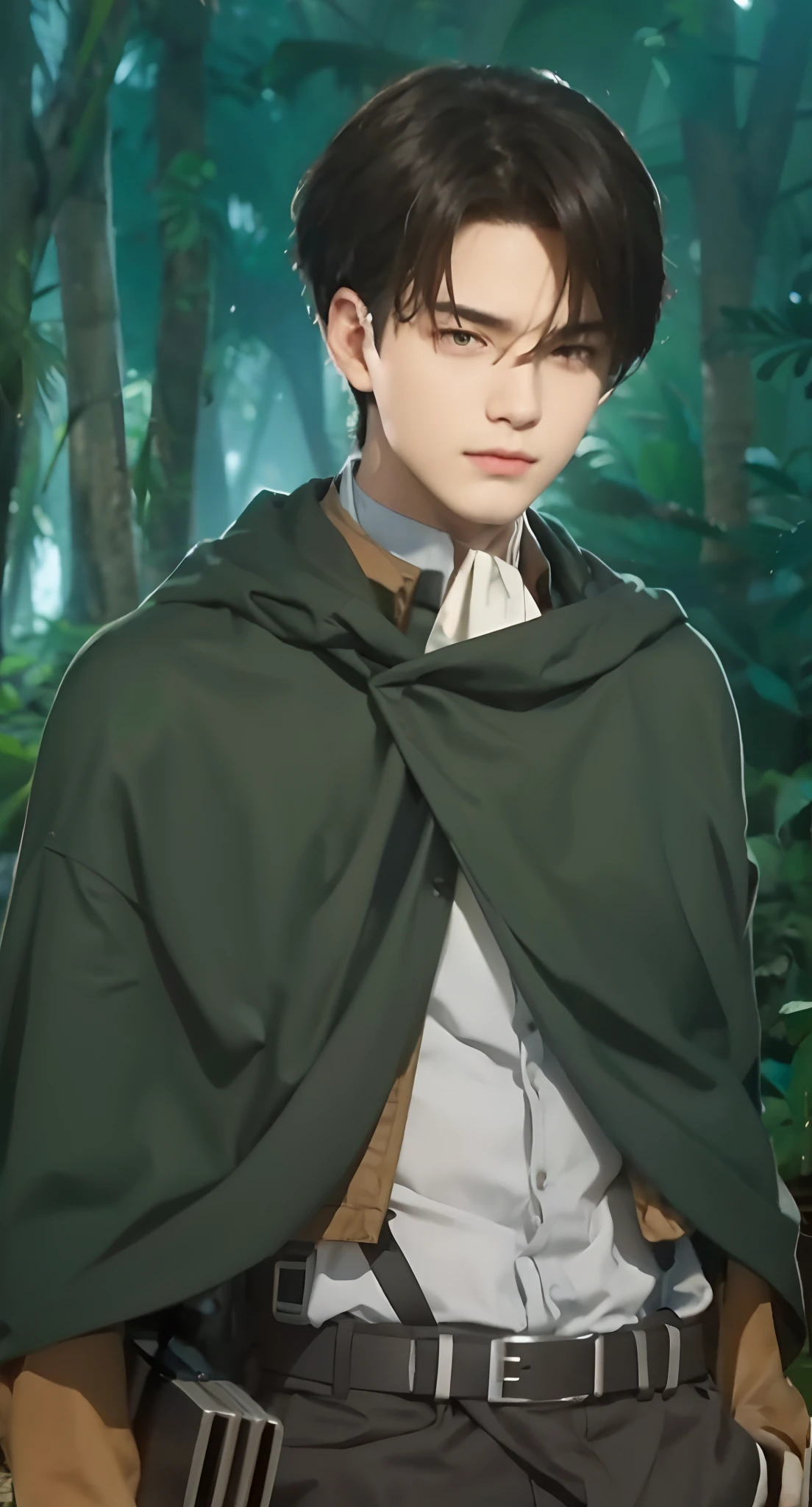 Real life adaption of this character, Handsome face, realistic same hair, (realistic same outfit), realistic same background jungle with many grass , realistic light, realistic shadow, realism, hyper realistic,(photorealistic:1.2)