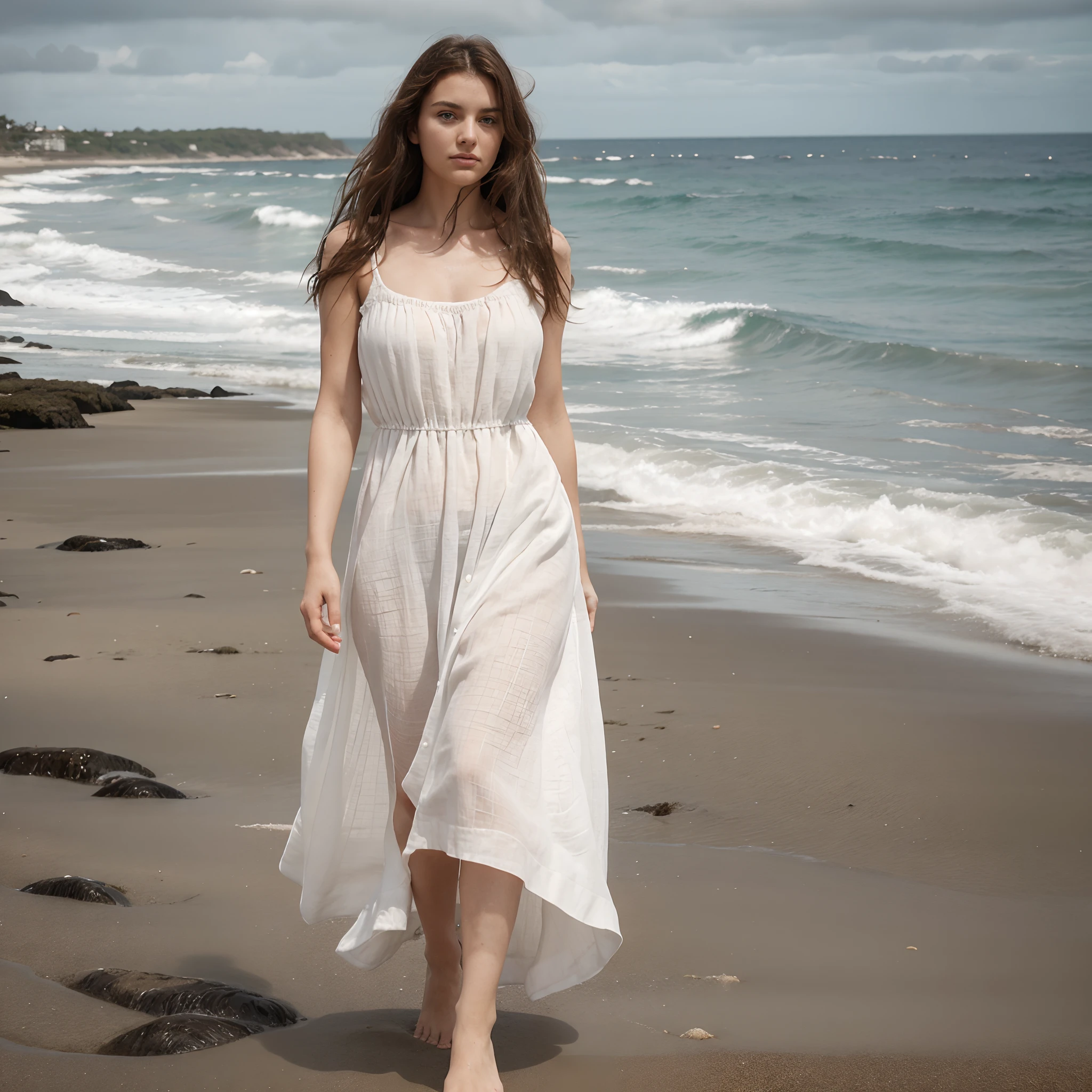 (Large format:1.3) photo of a beautiful woman, with her tousled hair, dressed in a white linen dress, walking along a beach, upper body, against a sea backdrop, under overcast lighting, eye level, shot on ARRI ALEXA 65 with ND filter, (in style of Tim Walker:1.2)