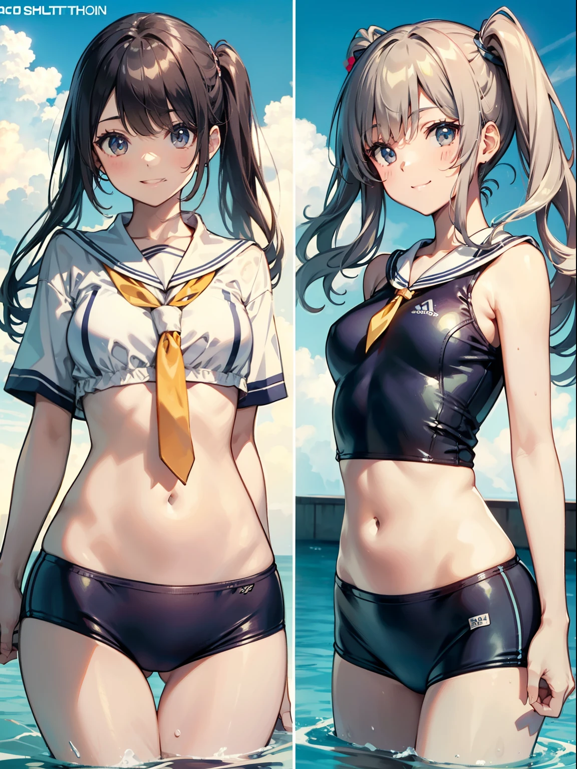 The ultra -The high-definition、high-level image quality、top-quality、Full feet and hands、complete fingers、Beautuful Women、1 persons、ssmile、poneyTail、School swim wear