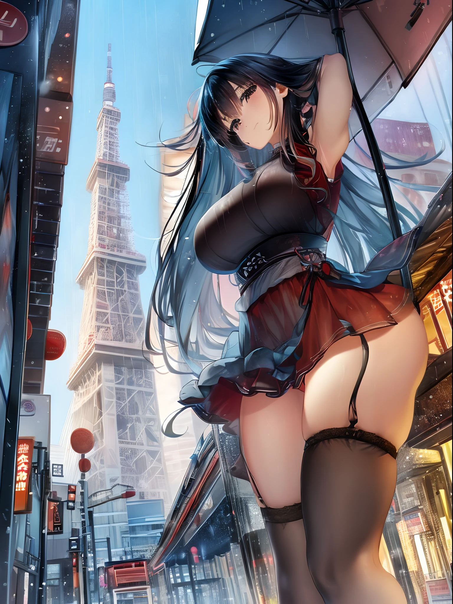 digital art of a woman in the rain with Tokyo Tower in the background anime style high quality