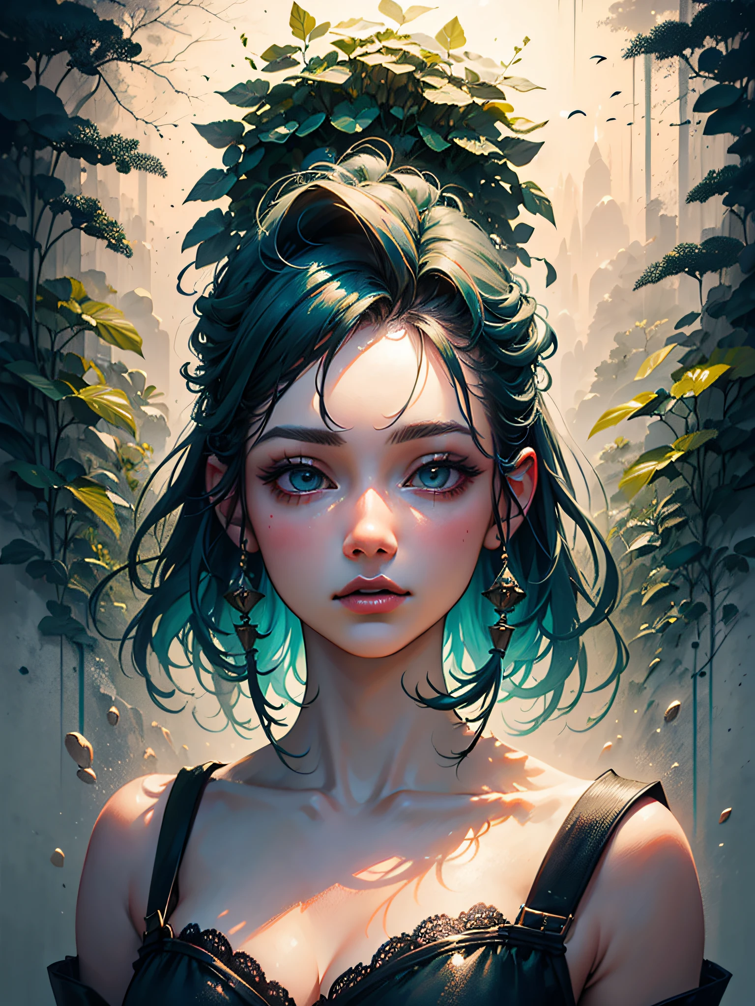 an ultra-realistic and beautiful feminine driada merged with the forest, predominant green color, maximum quality, 8k, lots of illumination, drawn and painted with pencil.