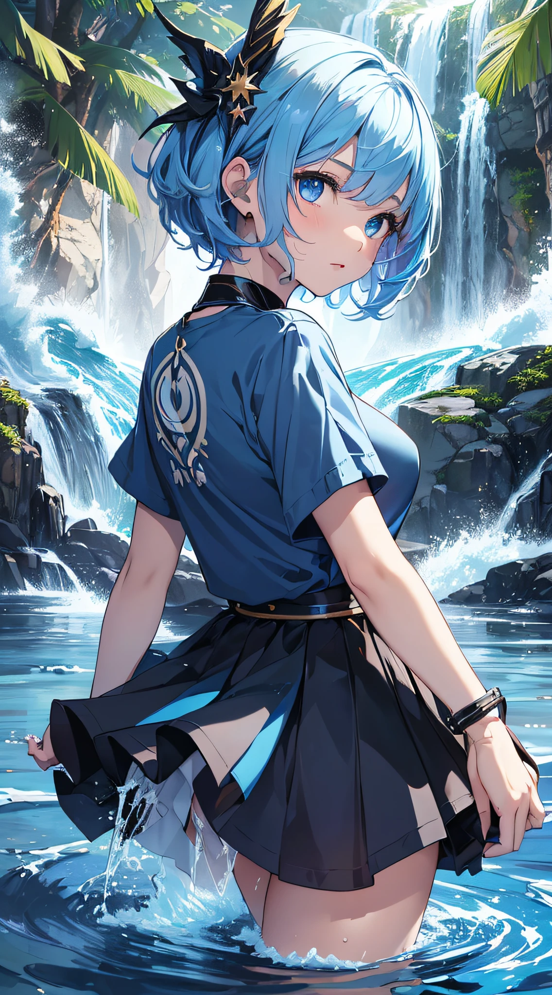 top-quality、Top image quality、masterpiece、girl with((18year old、Best Bust、Bust 85,Beautiful blue eyes、Breasts wide open, Light blue hair and short hair、A slender、Large valleys、Light blue and black T-shirt with an open chest,Short skirt in dark blue、Reflecting the whole body、Black wristband on wrist、Star-shaped hair ornament、Red face、Slippery texture、Aura of water、Release water from the hands))hiquality、Beautiful Art、Background with((Clear blue sky、Tornado in spring water、Water Waterfall、Water tornado、Intense water flow、Water Dragon)))masutepiece、visualart、depth of fields、