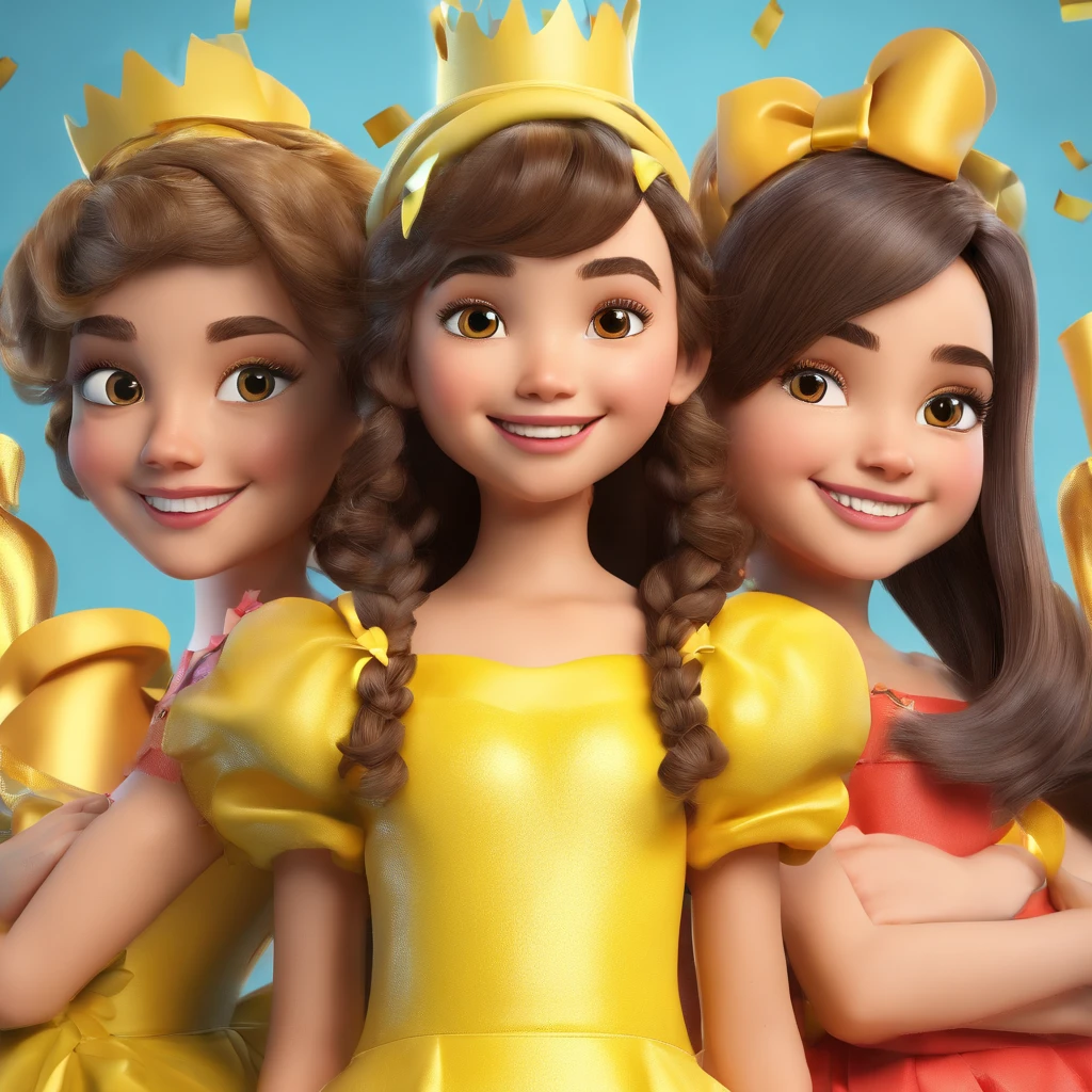 super bonito IP menina morena de 9 anos, olhos pretos brilhantes, Yellow Birthday Party Dress, fundo limpo, Bom brilho, 3D rendering of,best quality, Multiple expressions, with friends