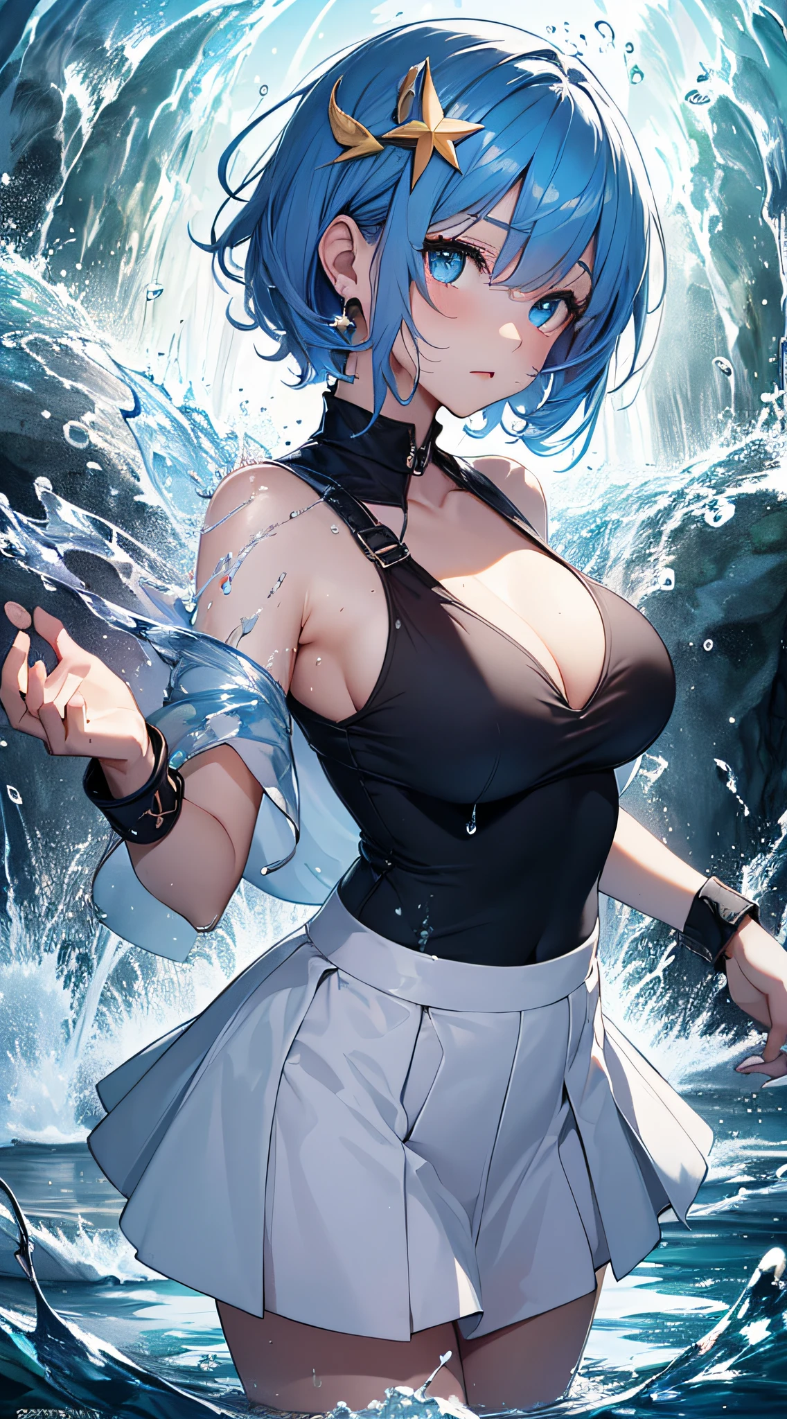 top-quality、Top image quality、​masterpiece、girl with((18year old、Best Bust、Bust 85,Beautiful blue eyes、Breasts wide open, Light blue hair and short hair、A slender、Large valleys、Light blue and black T-shirt with an open chest,Short skirt in dark blue、Reflecting the whole body、Black wristband on wrist、Star-shaped hair ornament、Red face、Slippery texture、Aura of water、Release water from the hands)）hiquality、Beautiful Art、Background with((Clear blue sky、Tornado in spring water、Water Waterfall、Water tornado、Intense water flow、Water Dragon)))masutepiece、visualart、depth of fields、