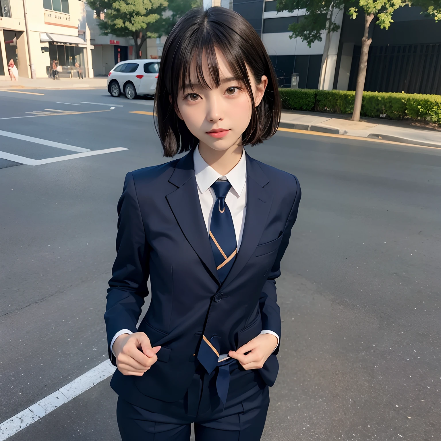 (masutepiece, Best Quality:1.2), 8K, Official art, Full body photo, full body Esbian、Emma fastening her tie.trouser、Cute smile、cute butt、Keep your bag cold、A dark-haired、14years、small tits、A delightful、A smile、unbelievable Ridiculous, (Upper body, Dark blue suit:Cute Tie 1.4), Beautiful Girl, Pretty Face, arching back down, cute butt、Gold hair ornament on hair、Wearing a cute suit、Decide on a pose、raise two hands、close up, Wearing a suit, Short sleeve, gardenia, violaceaess, Teen, Street, Looking at Viewer, Film grain, chromatic abberation, Sharp Focus, face lights, Dynamic lighting, Cinematic lighting, Eyes and faces with detailed, Bokeh background, (Tie with Emma written on it、1 copy:1.2)