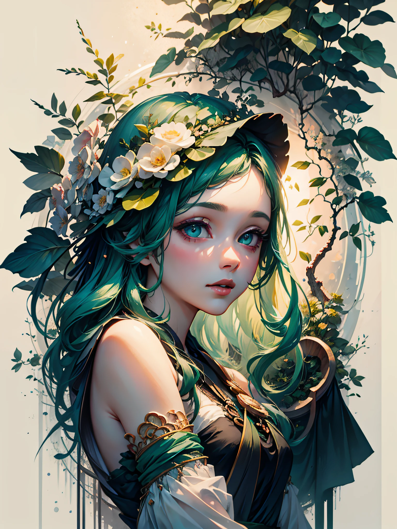 an ultra-realistic and beautiful feminine driada merged with the forest, predominant green color, maximum quality, 8k, lots of illumination, drawn and painted with pencil.