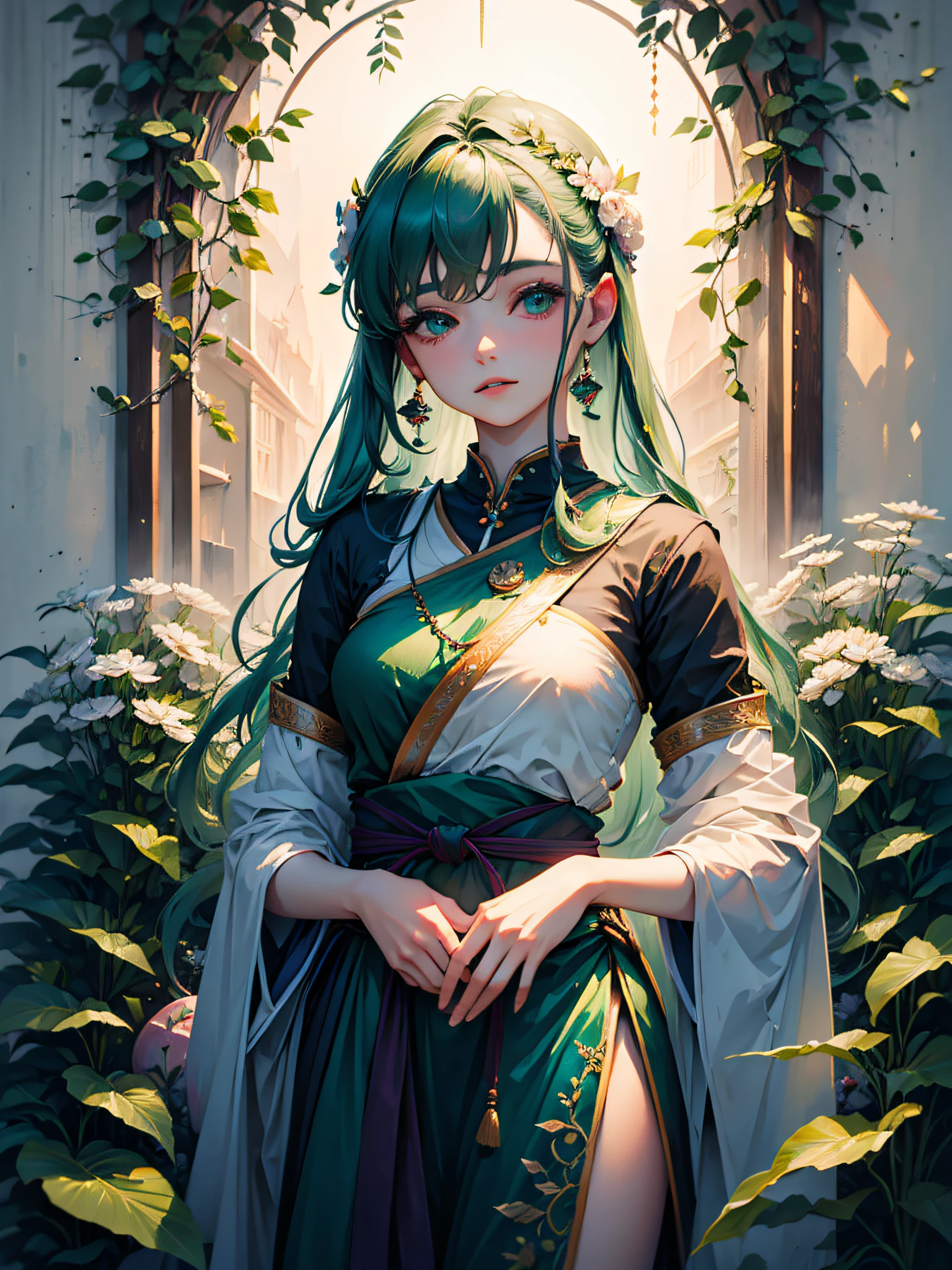 an ultra-realistic and beautiful feminine driada merged with the forest, predominant green color, maximum quality, 8k, lots of illumination, drawn and painted with pencil.