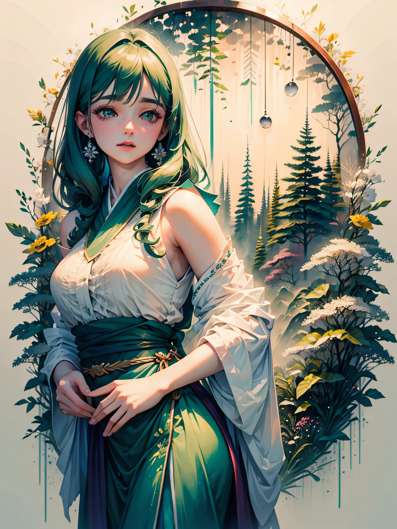 an ultra-realistic and beautiful feminine driada merged with the forest, predominant green color, maximum quality, 8k, lots of illumination, drawn and painted with pencil.