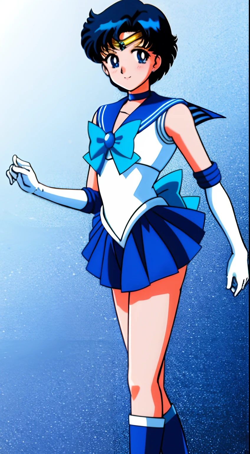 top-quality、masterpiece、Sailor Senshi Uniform、Anime Boy、Handsome boy、Junior high school boys、Ami Mizuno、gender change、Sailor Mercury、gender change(Girls to boys)、rating:safe、solo、Blue sailor collar、Sky blue bow tie、Magical Boy、Blue choker、Very short blue-haired boy、jewelry、skirt、耳Nipple Ring、white glove、elbowgloves、bow、Blue knee boots、Blue Heeled Boots、a blue skirt、circlet、Blue-eyed boy、back_bow、White leotard、highleg leotard、robe blanche、Boy with very short black hair、blue_bow、sky blue_bow、white_bow、Boy standing、smile、a miniskirt、pleatedskirt、photo、Bare shoulders、bare legs、Hymn of the King as a Prince、(1990's\(styles\):0.9)、