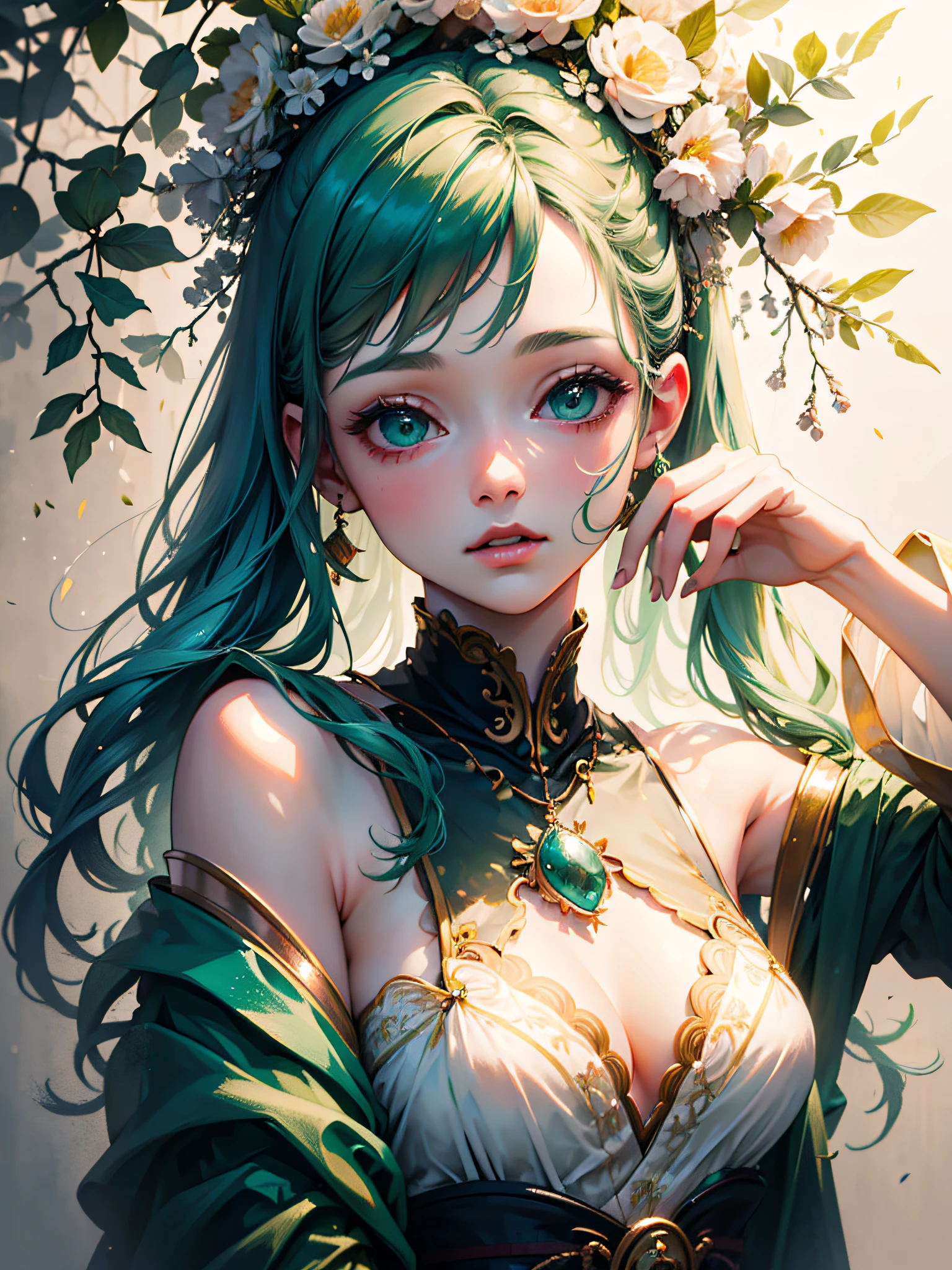 an ultra-realistic and beautiful feminine driada merged with the forest, predominant green color, maximum quality, 8k, lots of illumination, drawn and painted with pencil.