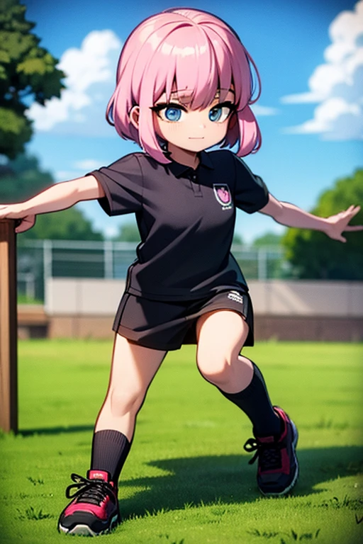 A pink haired girl with violet eyes is playing soccer with a blue haired girl with blue eyes