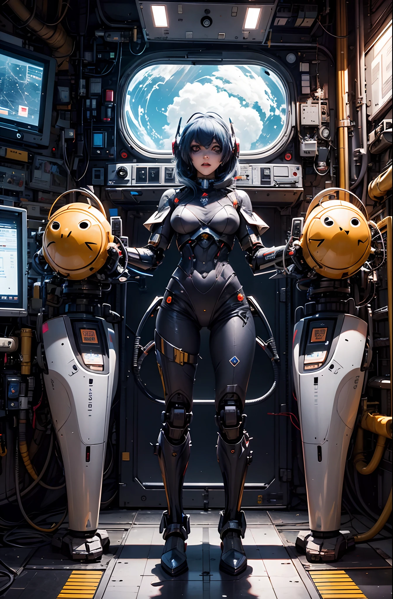 A fantz monster design, Cute robots in space [style-rustmagic]，female robot，Half-human, Cyborgs，Work on the space station，