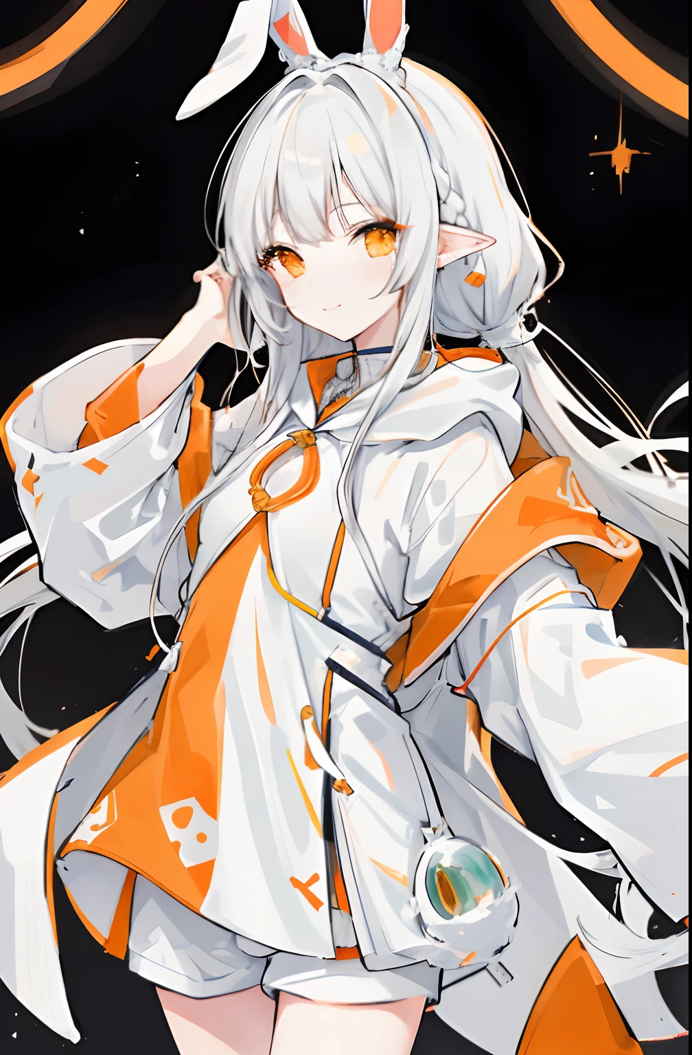 ((​masterpiece)), ((top-quality)), (The Amazing Dessinger), (best artist), (Best illustrated landscapes), (best performance), (4K Full HD), (nffsw+), (1girl in) (long to)white  hair,Braids、Gray hair mixed with orange、 (Glowing orange eyes), (astonishing)Landscapes painted in artistic and cinematic tones - Mayna Pastel Style - V5(anime illustrated)、(drooping rabbit ears:1.4)、Cool smile、White hoodie、Orange motif、Have a carrot、White shorts、Hoodie with orange feet on the inside、a cool、White and orange boots、Discreet gold embellishment、Japanese-style motifs、Glittering Japanese style、Slightly unkempt hair、Fine face、facing the front there、Vtuber、(white backgrounid:1.4)、Standing picture