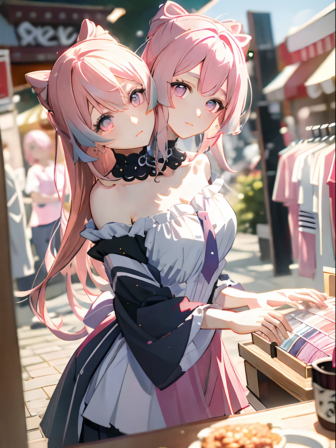 (masterpiece, best quality), best resolution, (2heads:1.5), 1girl, sagonomiya kokomi character, pink hair, pink eyes, different facial expressions, contemplative, trying to decide what to buy, shirt racks, clothes store