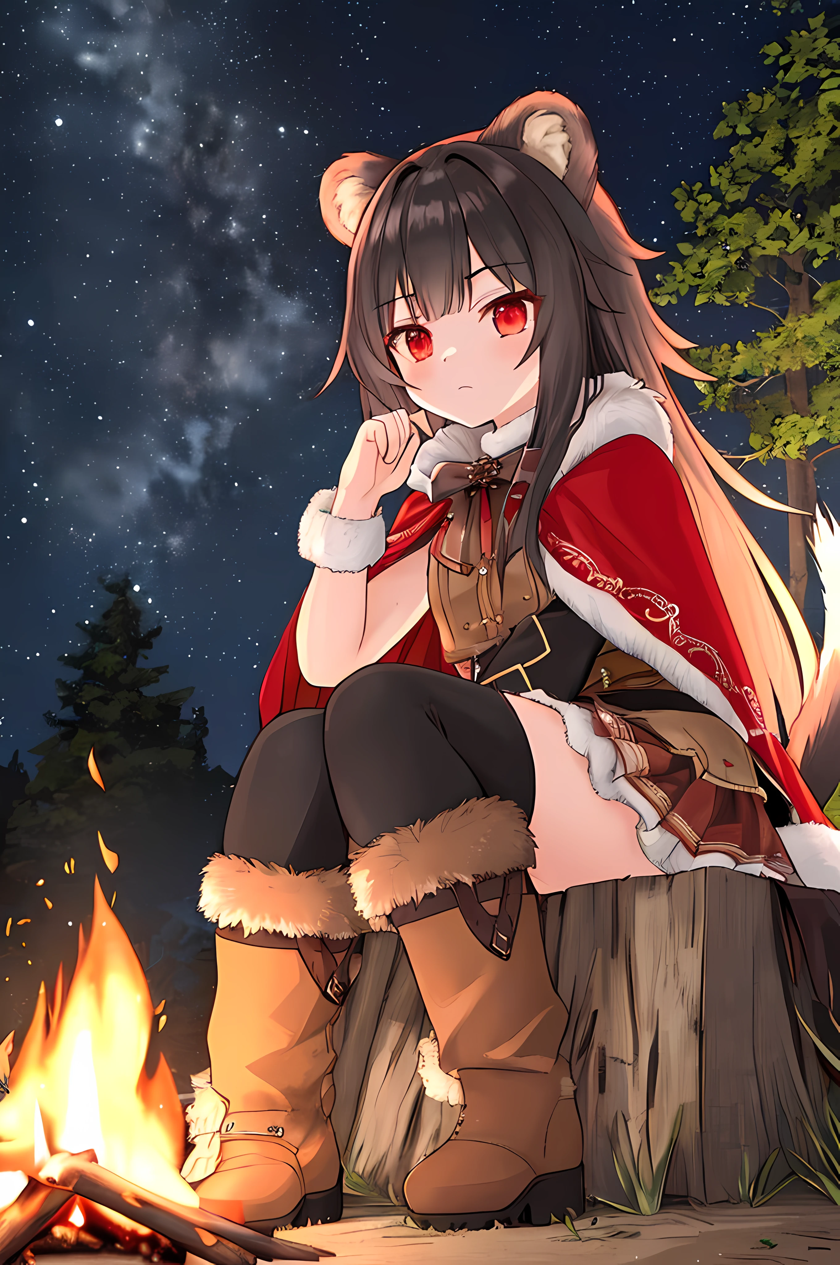 (best quality)), ((masterpiece)), (detailed), (1girl), short, small breasts, small oppai, cat ears, cat tail, black hair, very long hair, fluffy hair, messy hair, scowling, rough clothing, (wear thick stag pelt tunic with fur vest with wolf pelt pants with fur short skirt with bear hide cape with bear hide boots), Rustic, bright red eyes, cat eyes, (sitting next to a campfire outdoors, at night), (detailed background, depth of field), (intricate:0.7), (high detail:1.3), (unreal engine:1.3), (sharp focus), (masterpiece, best quality, 4k, 2k, shaded, absurd res), [safe for work]