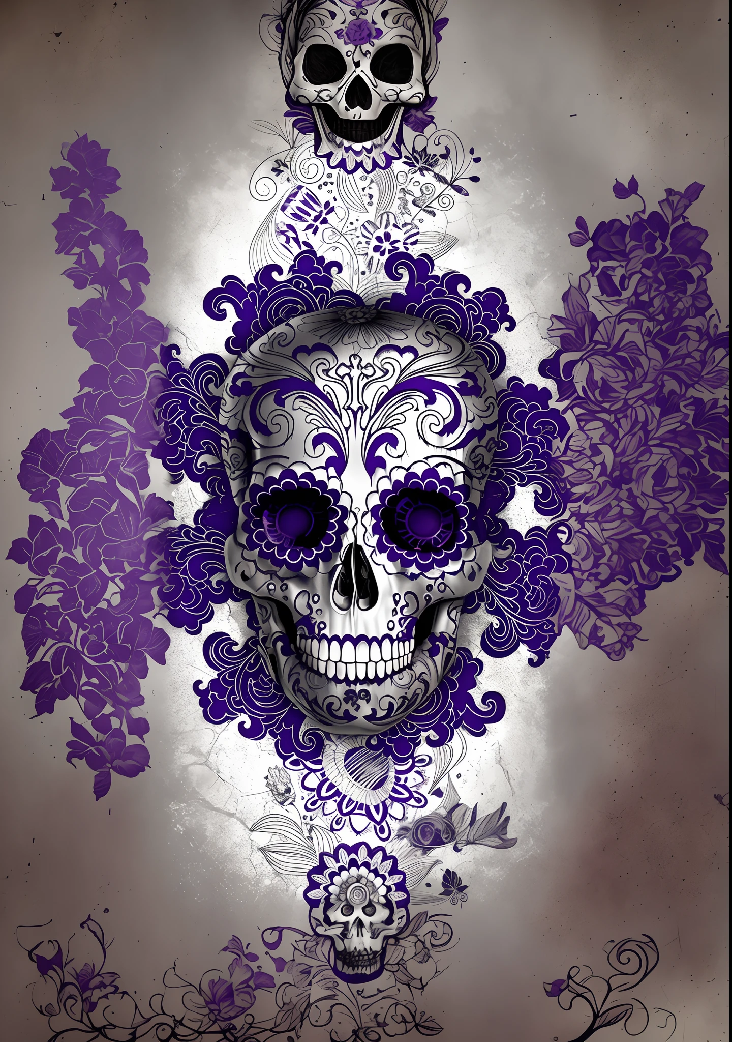 Purple and white sugar skull with ornate design on a gray background, arte vetorial altamente detalhada, sugar skull, sacred skull, skull, fantasy skull, feito de esqueleto de renda intrincado, portrait of a sugar skull, arte digital altamente detalhada, skull design for a rock band, Dia de Finados:. 8 mil, arte digital altamente detalhada, com simetria intrincada detalhada