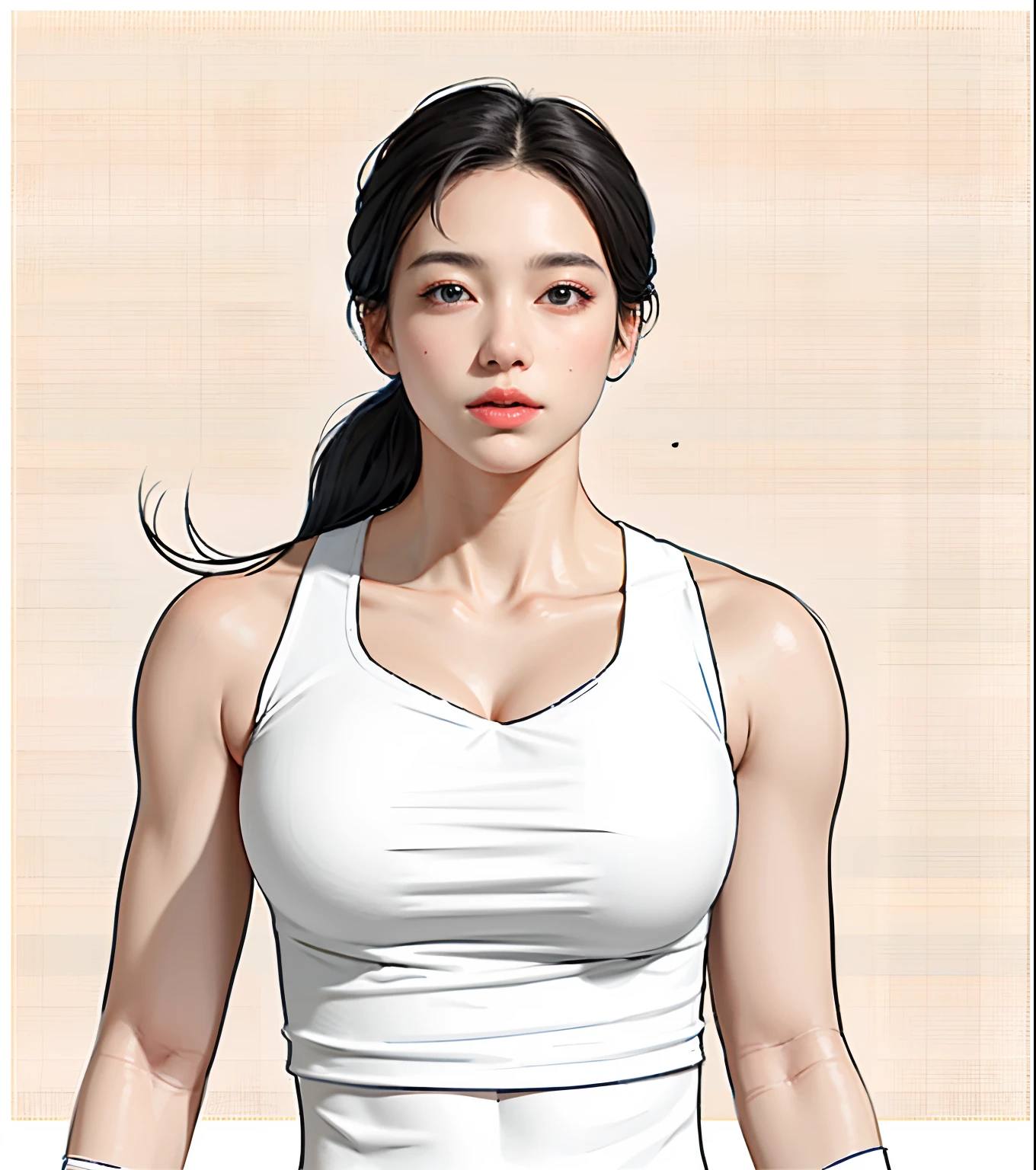 Painting of a woman with a ponytail and a vest, line art portrait, Outline sketch, realistic line drawing, Line sketch, Detailed face and body, face line drawing, with a round face，slightly fat big breasts，Black color hair，Clear facial features，softlightontheface，k hd