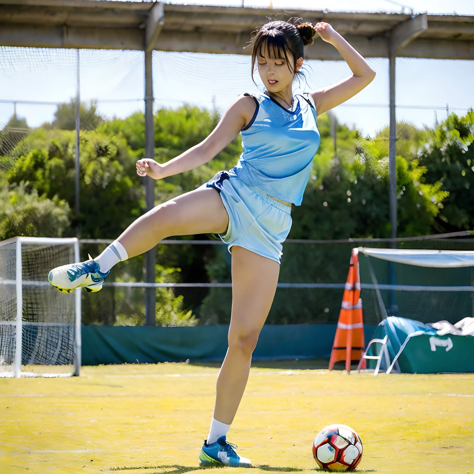 Floating hair, Perfect body construction、Anatomically accurate、Light blush, During the match, Girl playing football、Sweat, half updo, folded ponytail, Outdoors, Project a wide area, Playing Soccer, Kicking the ball, kicking a soccer ball, Anime, Anime style, 4K, Textured skin, Super Detail, Best Quality, awardwinning