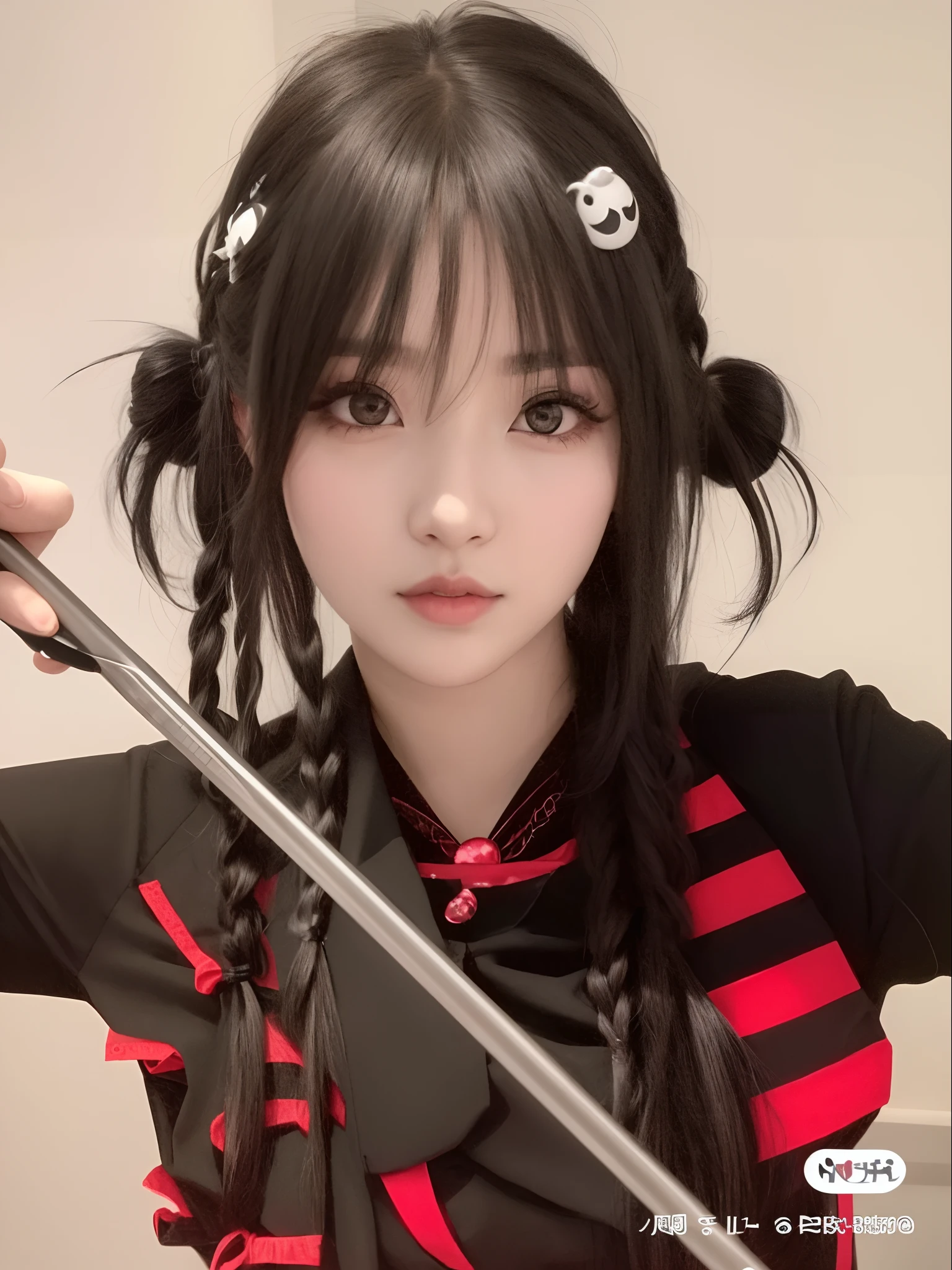 um close up de uma pessoa segurando uma espada em uma sala, preto hime corte cabelo, penteado twintails, penteado pigtails, Anime Garota Cosplay, Ulzzang, com rabo-de-porco preto, cruel korean goth girl, O corte Hime, Ela tem cabelo preto com franja, kanliu666, 1 7 -  - old me goth girl, Tohsaka also.