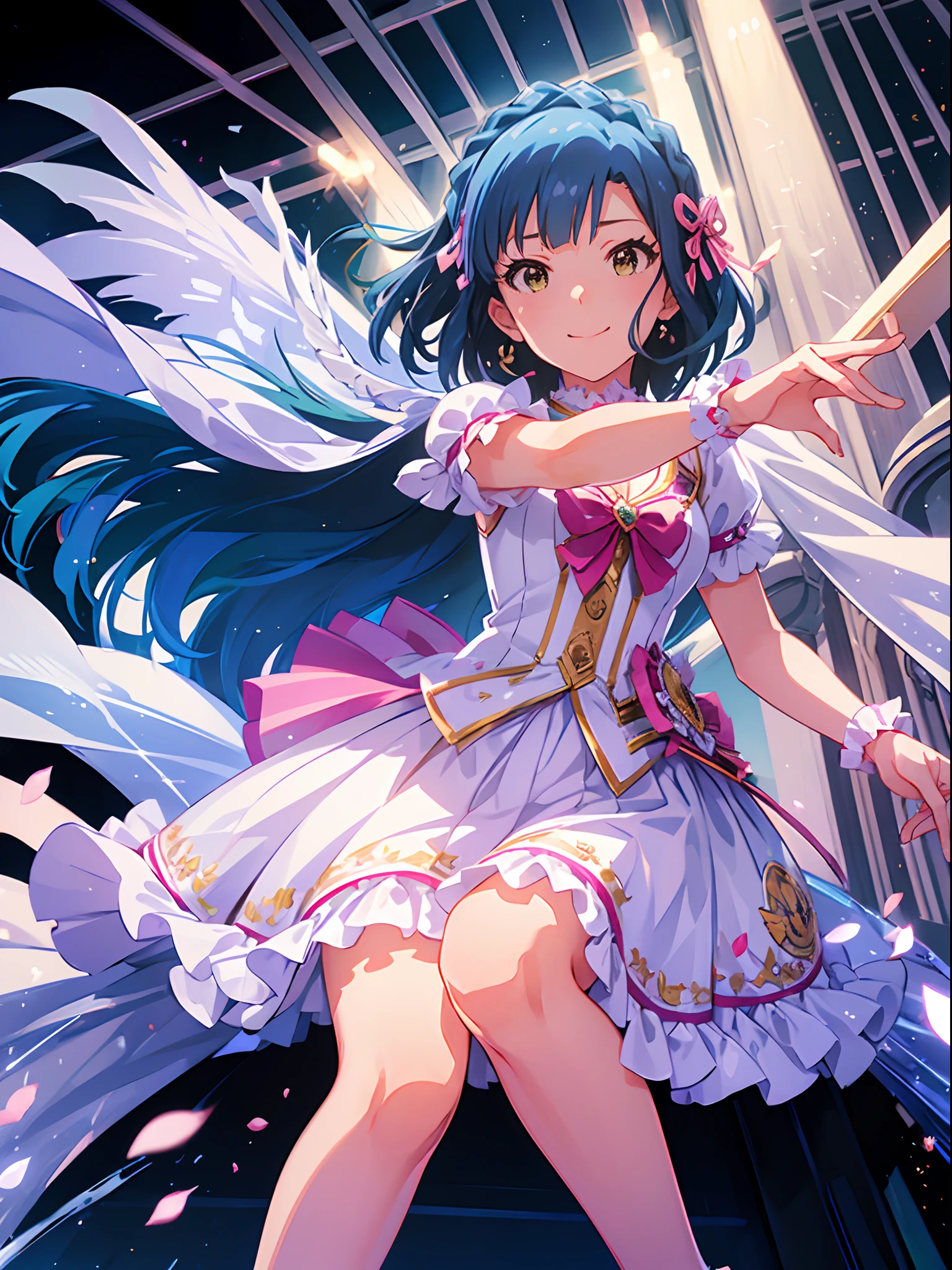 yuriko nanao (million live), 1 girl, Solo, Cute Girl,Best Quality, Ultra-detailed, 8K, High resolution, detailed face, Bob Hair, smile, (((princess line dress))), pastel pink dress, ribbon, white frilled socks,