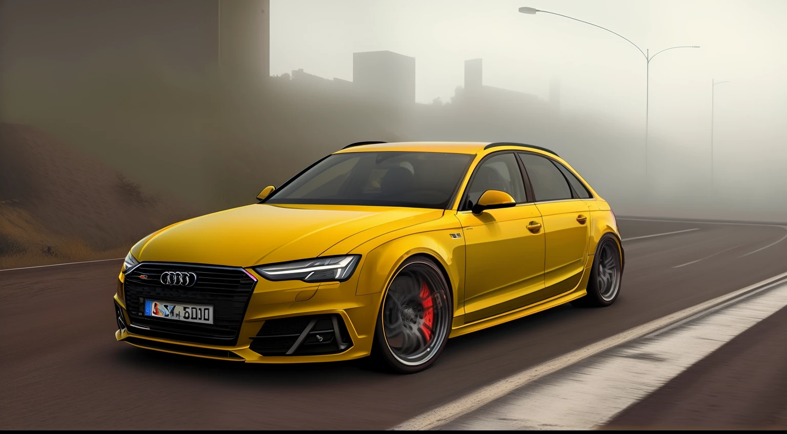 a close up of a yellow car on a street with a wall in the background, realistic cars, in-game, in - game, in game, full car, car drifting, gta, yellow volumetric fog, car jump, in game graphic, car on highway, car shot, ingame, photorealistic ”, photorealistic”, photo realistic”, iphone capture, s line, Audi S4 Avant