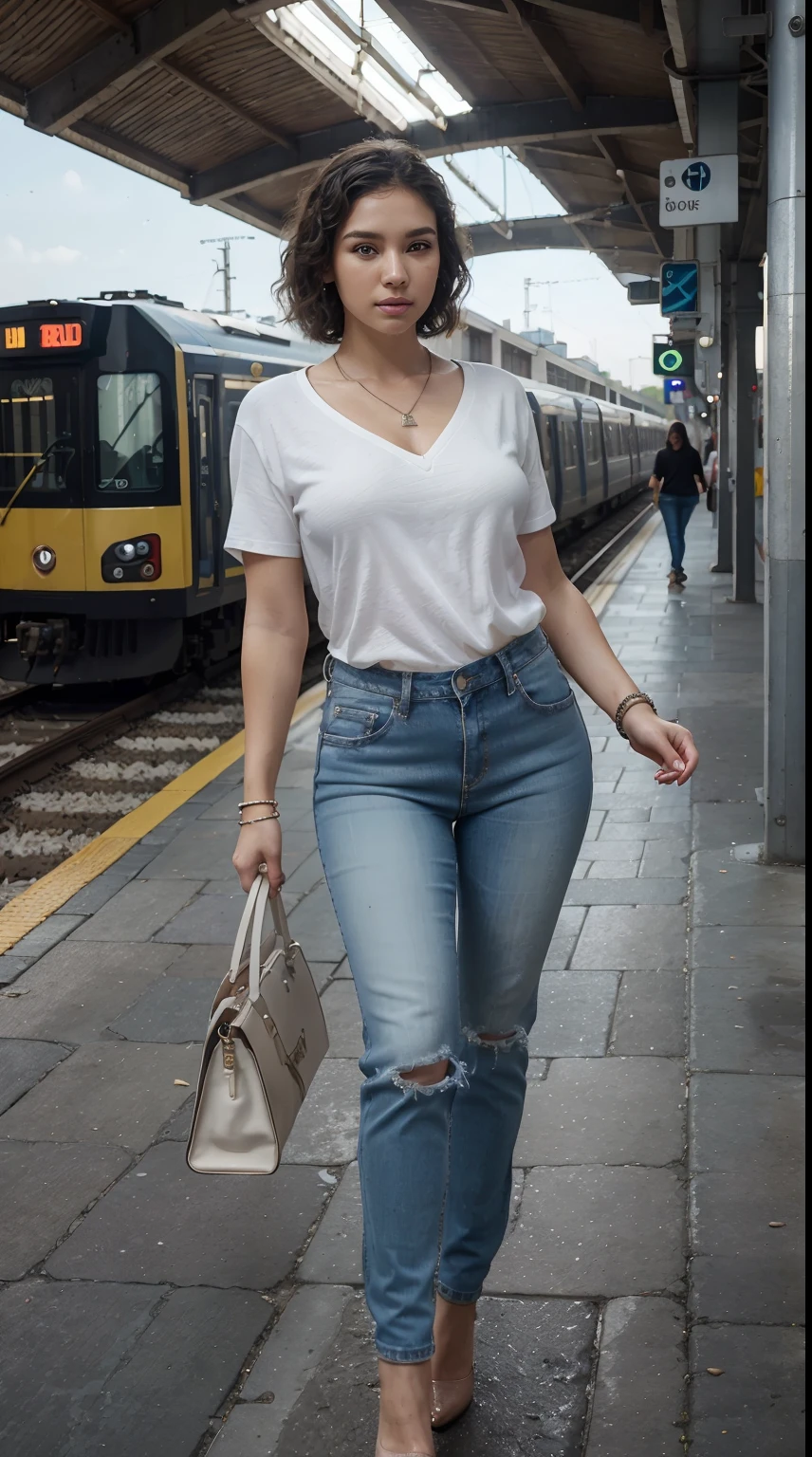 (photo realistic:1.4), (hyper realistic:1.4), (realistic:1.3),, (smoother lighting:1.05), (increase cinematic lighting quality:0.9), 32K,, 1girl, 20yo girl, realistic lighting, backlighting, light on face, ray trace, (brightening light:1.2), (Increase quality:1.4),, (best quality real texture skin:1.4), finely detailed eyes, finely detailed face, finely quality eyes, (tired and sleepy and satisfied:0.0), (Increase body line mood:1.1), (Increase skin texture beauty:1.1), (Best Quality, 8k, 32k, Masterpiece, UHD:1.3), (kpop idol:1.3), 1 Girl, (short wavy hair), perfect legs, Ultra Detailed Face, Detailed Lips, Fine Eyes, double eyelids, wearing casual shirt, beautiful casual shirt, colourful shirt, typography shirt, beautiful necklace, wearing necklace, wearing jeans, casual jeans, casual pants, wearing earing, wearing casual bag, beautiful casual bag, beautiful heals, beautiful poses, walking on train station, train station, high heels, perfect high heels, wearing bracelets, taking pictures,