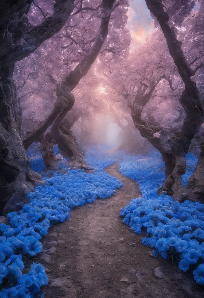Close-up of a snowy road with blue flowers, Tunnel to winter,Blue portal made of roses, In the world of blue dreams, Surreal blue flowers bloom, Snow cave, The atmosphere of blue flowers in the sky, Magic Blue Flowers, by Anna Haifisch, very magical and dreamy, marc adamus, Truly beautiful nature, Beautiful nature, blossoming path to heaven