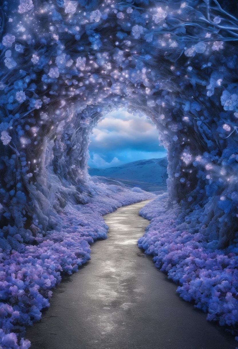 Close-up of a snowy road with blue flowers, Tunnel to winter,Blue portal made of roses, In the world of blue dreams, Surreal blue flowers bloom, Snow cave, The atmosphere of blue flowers in the sky, Magic Blue Flowers, by Anna Haifisch, very magical and dreamy, marc adamus, Truly beautiful nature, Beautiful nature, blossoming path to heaven