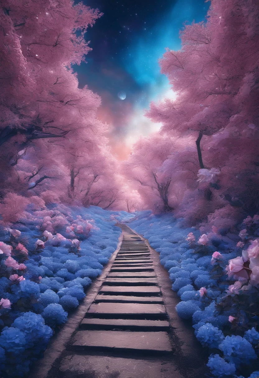 Close-up of a snowy road with blue flowers, Tunnel to winter,Blue portal made of roses, In the world of blue dreams, Surreal blue flowers bloom, Snow cave, The atmosphere of blue flowers in the sky, Magic Blue Flowers, by Anna Haifisch, very magical and dreamy, marc adamus, Truly beautiful nature, Beautiful nature, blossoming path to heaven