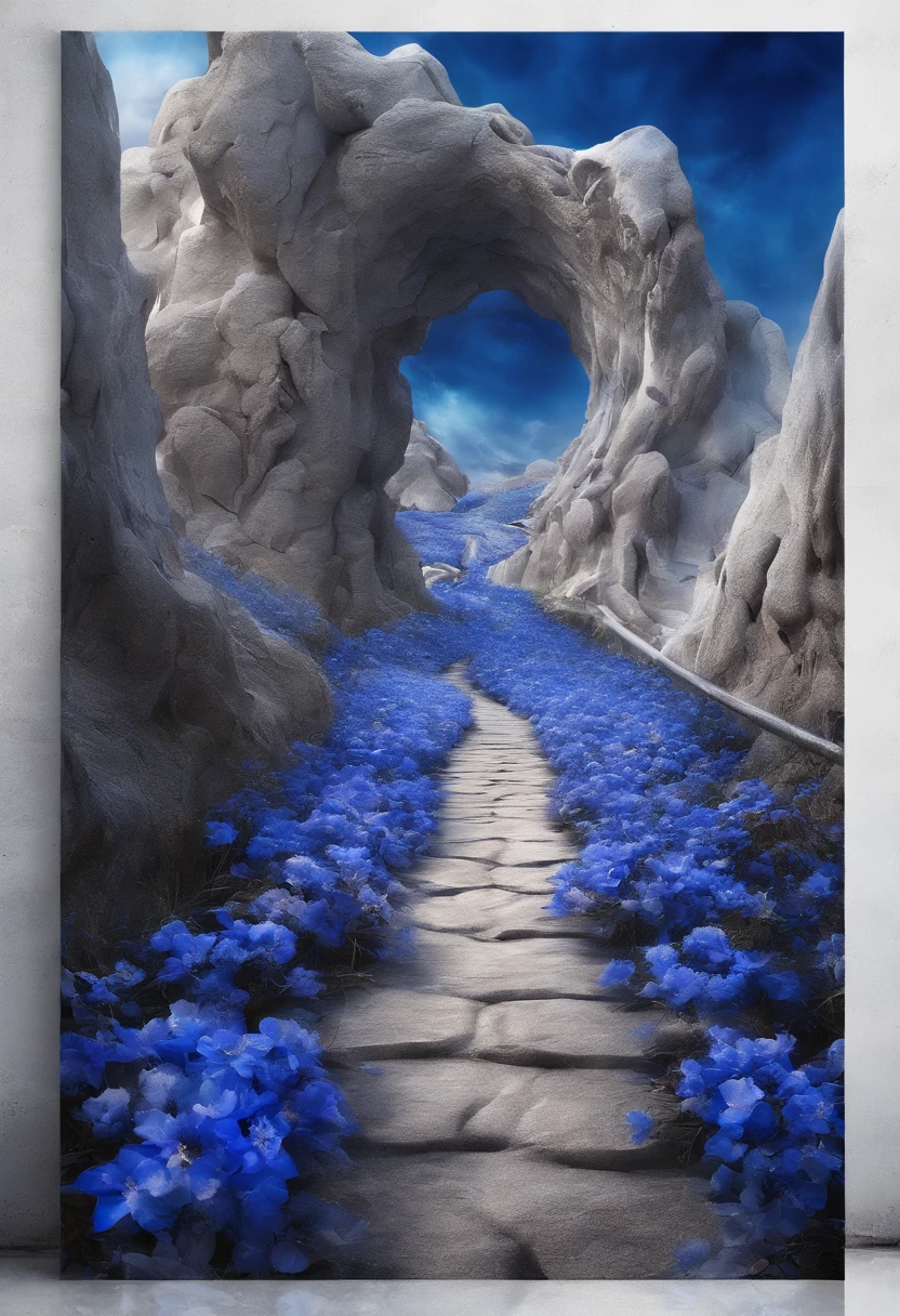 Close-up of a snowy road with blue flowers, Tunnel to winter,Blue portal made of roses, In the world of blue dreams, Surreal blue flowers bloom, Snow cave, The atmosphere of blue flowers in the sky, Magic Blue Flowers, by Anna Haifisch, very magical and dreamy, marc adamus, Truly beautiful nature, Beautiful nature, blossoming path to heaven