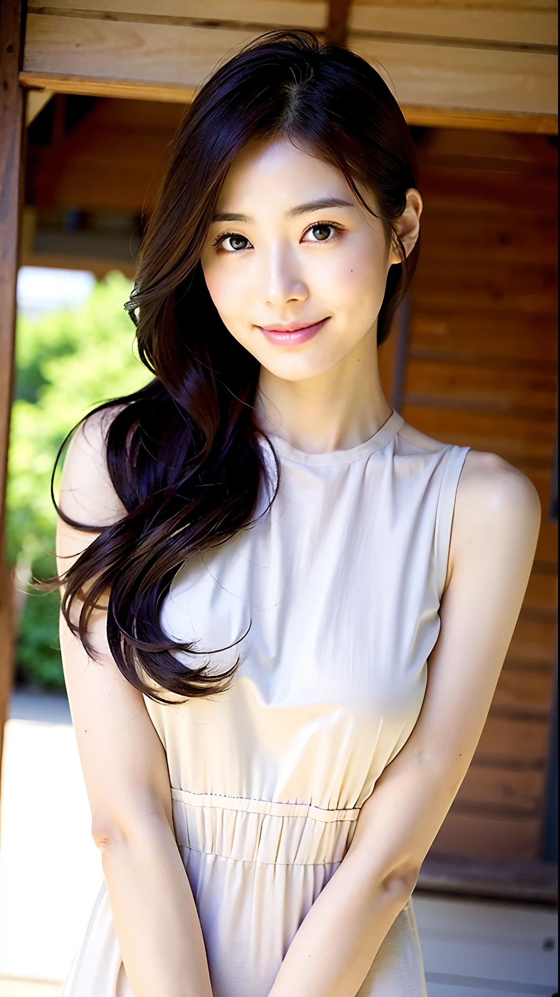 A cute woman similar to An Nakamura、Super clean and slender、Excellent style 、An ultra-high picture quality、extremely delicate face, Skin and hair、Semi-long chignon hair、Brown hair、Refreshing dresses、Hide your chest with your arms、Asakusa、8k picture、A very cute Japan detached face、A slender、middlebreasts、Eyes and nose stand out clearly、Gentle eyes、A smile,Lashes,二重まぶた,Beautiful face,realskin